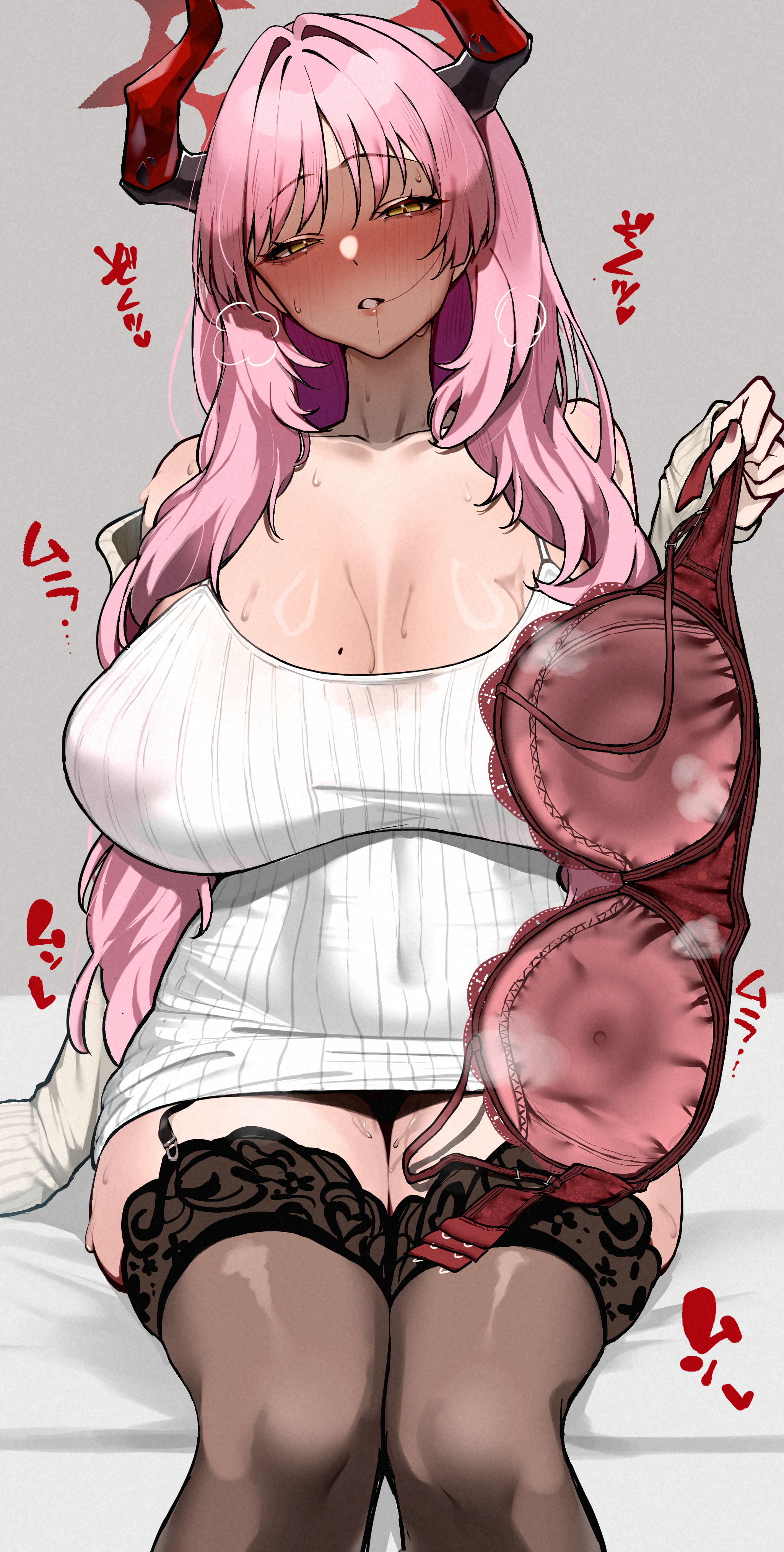 1girls, absurdres, bare shoulders, black thighhighs, blue archive, blush, bra, breasts, cleavage, feet out of frame, grey background, half-closed eyes, halo, highres, holding, holding bra, holding underwear, holding unworn clothes, horns, huge breasts, long hair, looking at viewer, mole, mole on breast, no bra under clothes, off shoulder, parted lips, pink hair, presenting bra, red bra, red halo, red horns, satsuki (blue archive), simple background, sitting, skysign ft, solo, sweat, thighhighs, thighs, underwear, unworn bra, yellow eyes