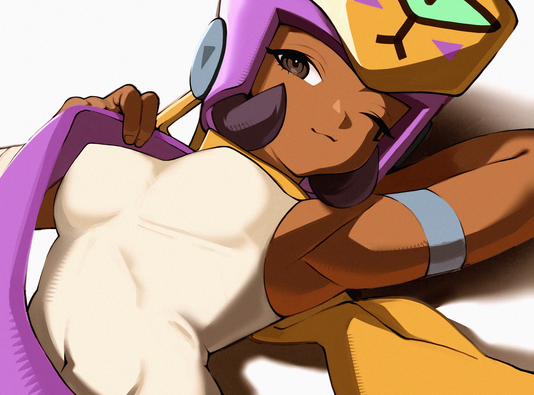 armpits, black hair, brawl stars, breasts, brown eyes, dark skin, dark-skinned female, dress, fit, fit female, hand behind head, headgear, looking at viewer, lying, lying on back, najia (brawl stars), navel, nipple bulge, one eye closed, short hair, slim waist, tagme, tight clothing