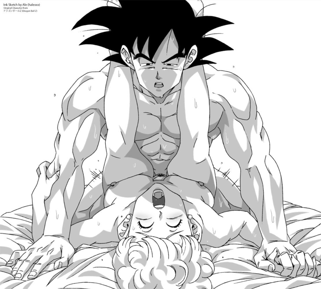 1boy, 1girl, 1girls, ale (ale halexxx), daughters friend, dragon ball, dragon ball z, ecstasy, friends mother, gilf, goku, milf, missionary position, monochrome, older female, older female and younger male, on bed, panchy, panchy (dragon ball), passionate, sex, son goku, vaginal penetration, younger male, younger penetrating older