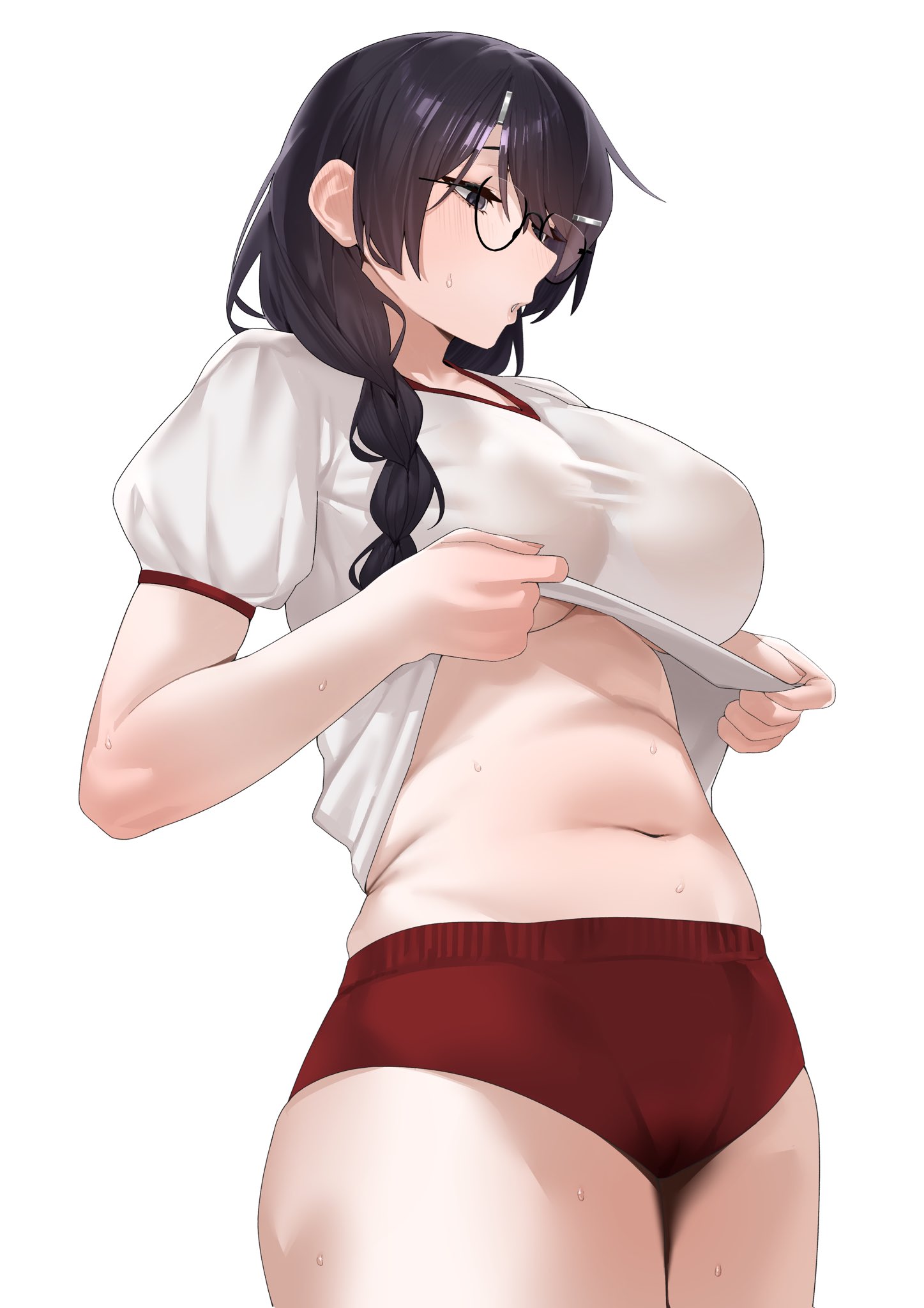 1girls, arril100, big breasts, black hair, bloomers, braid, breasts, buruma, cooling off, exposed midriff, female, female only, glasses, hanekawa tsubasa, huge breasts, large breasts, monogatari (series), no bra, school uniform, shirt, shirt lift, shorts, slightly chubby, sports uniform, standing, sweat, sweatdrop, tagme, teenage girl, thick, thick thighs, thighs, underboob, undressing, voluptuous, voluptuous female, white background, wide hips