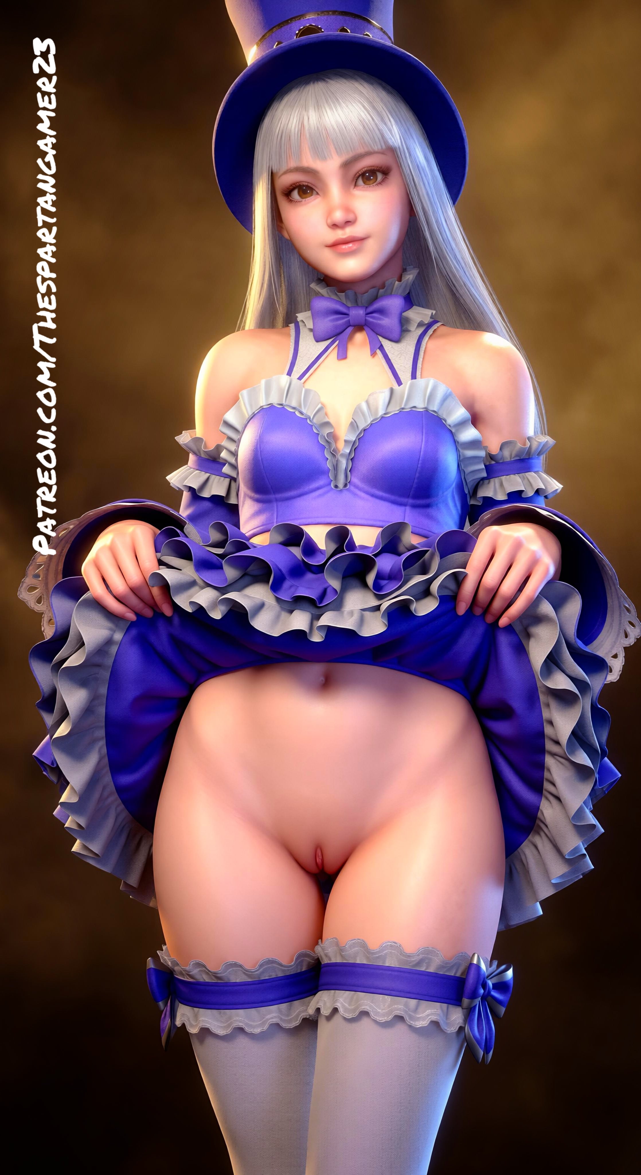  spartan gamer, ai generated, armwear, athletic, athletic female, bare shoulders, bustier, clitoral hood, clitoris, crop top, female, female focus, female only, going commando, hairless pussy, hat, ingrid (capcom), labia, long hair, miniskirt, no panties, nudity, pussy, red eyes, shaved pussy, silver hair, skirt, skirt lift, street fighter, street fighter 6, tagme, the spartan gamer, top hat, vagina