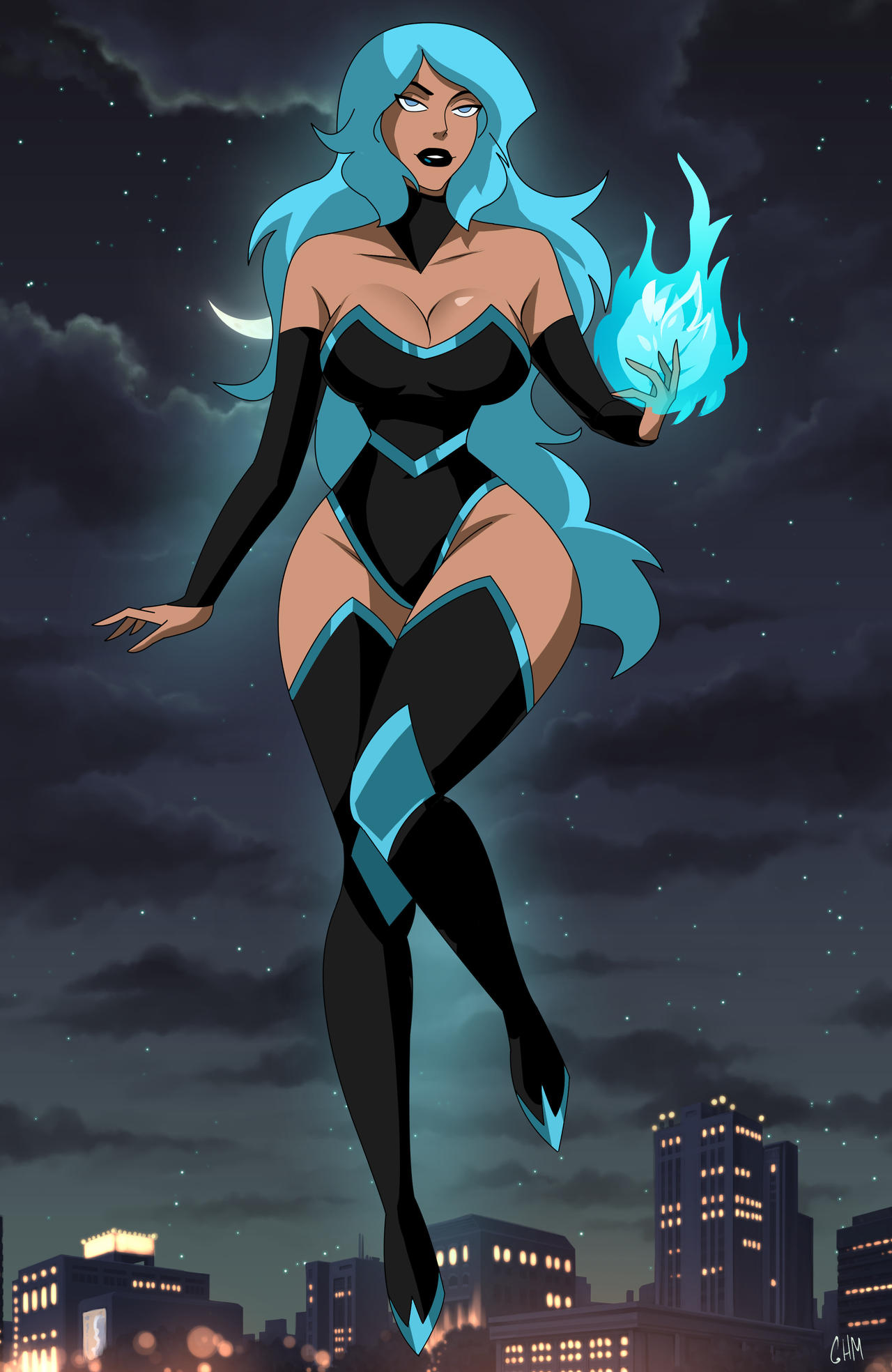 1girls, 2022, 2d, artist signature, big breasts, blue eyes, blue hair, breasts, cleavage, dark skin, dark-skinned female, dc, dc comics, dcau, female, female only, fire, ghostlessm, justice league unlimited, original character, thick thighs, wide hips