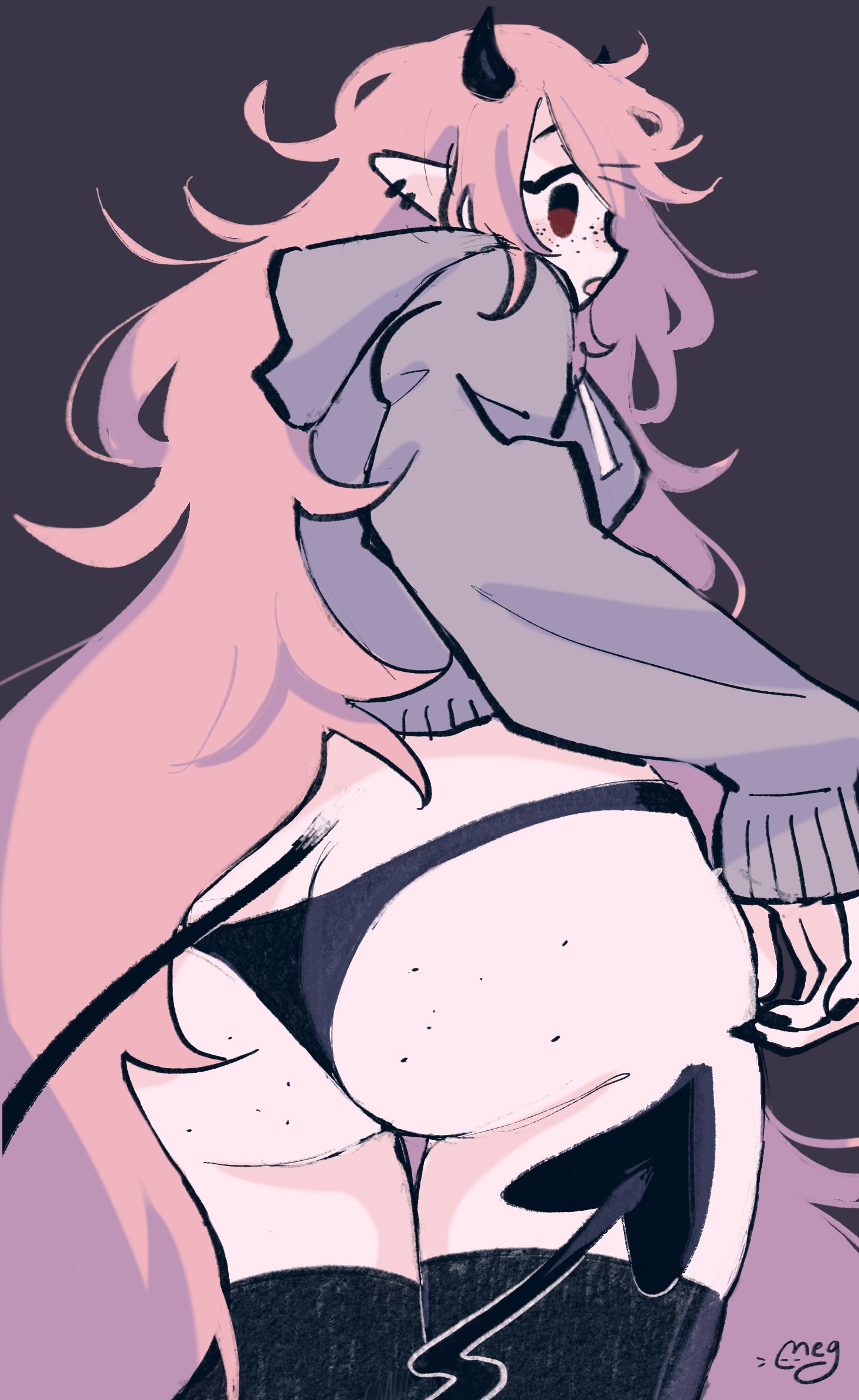 1girls, ass, ass focus, black legwear, black nails, black thighhighs, demon, demon girl, demon horns, demon tail, ear piercing, female, female only, freckles, freckles on ass, hoodie, horns, june (megrocks), long hair, looking at viewer, looking down, looking down at viewer, megrocks, mob face, open mouth, original, original character, painted nails, panties, pointy ears, pov, solo, solo female, succubus, succubus horns, succubus tail, tail, thighhighs, very long hair