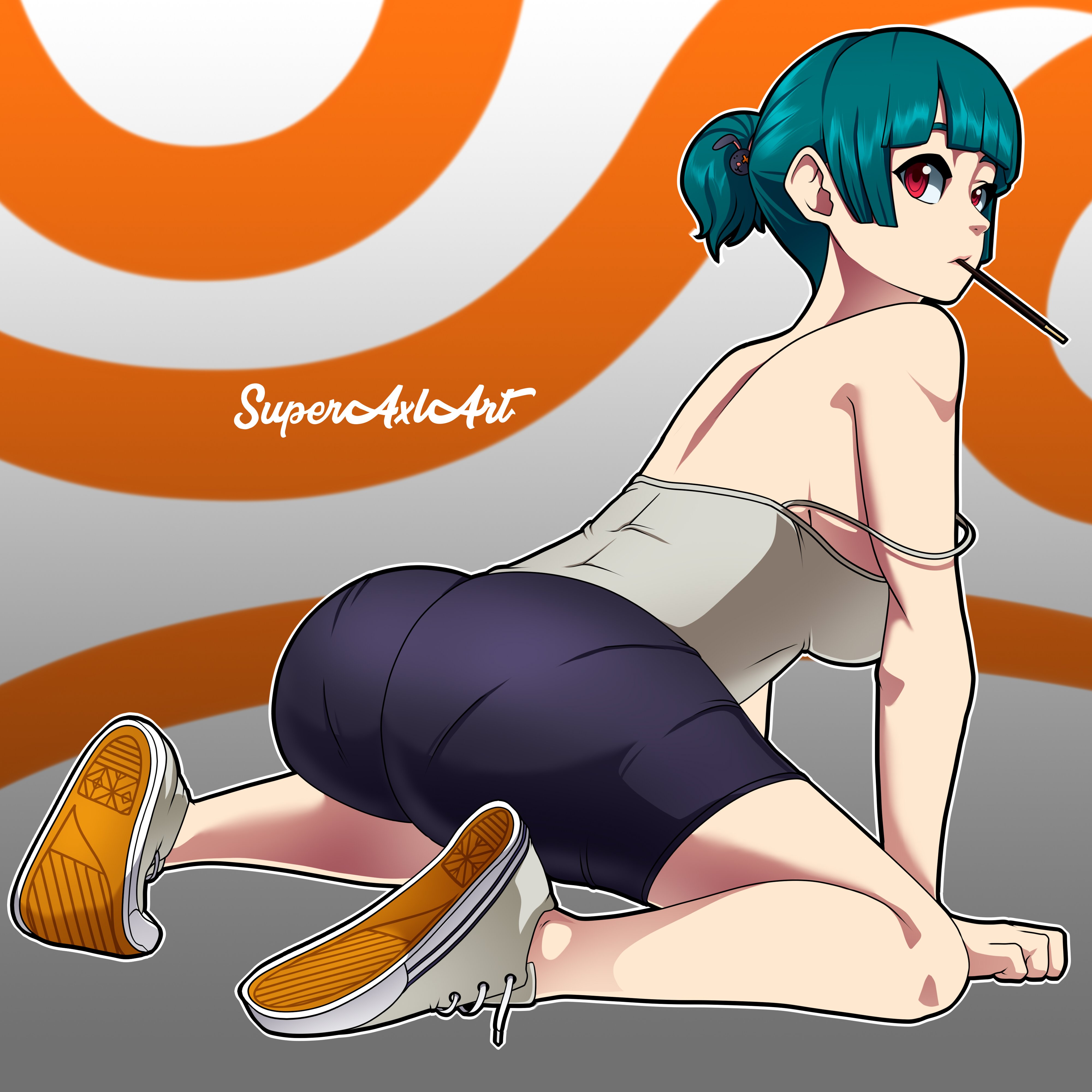 anime, ass, bare shoulders, big ass, big butt, blue hair, breasts, female, fortnite, looking at viewer, looking back, on knees, orange background, pocky, ponytail, red eyes, shoes, superaxlart, tagme, tank top, teal hair, teasing, white background, yuki (fortnite)