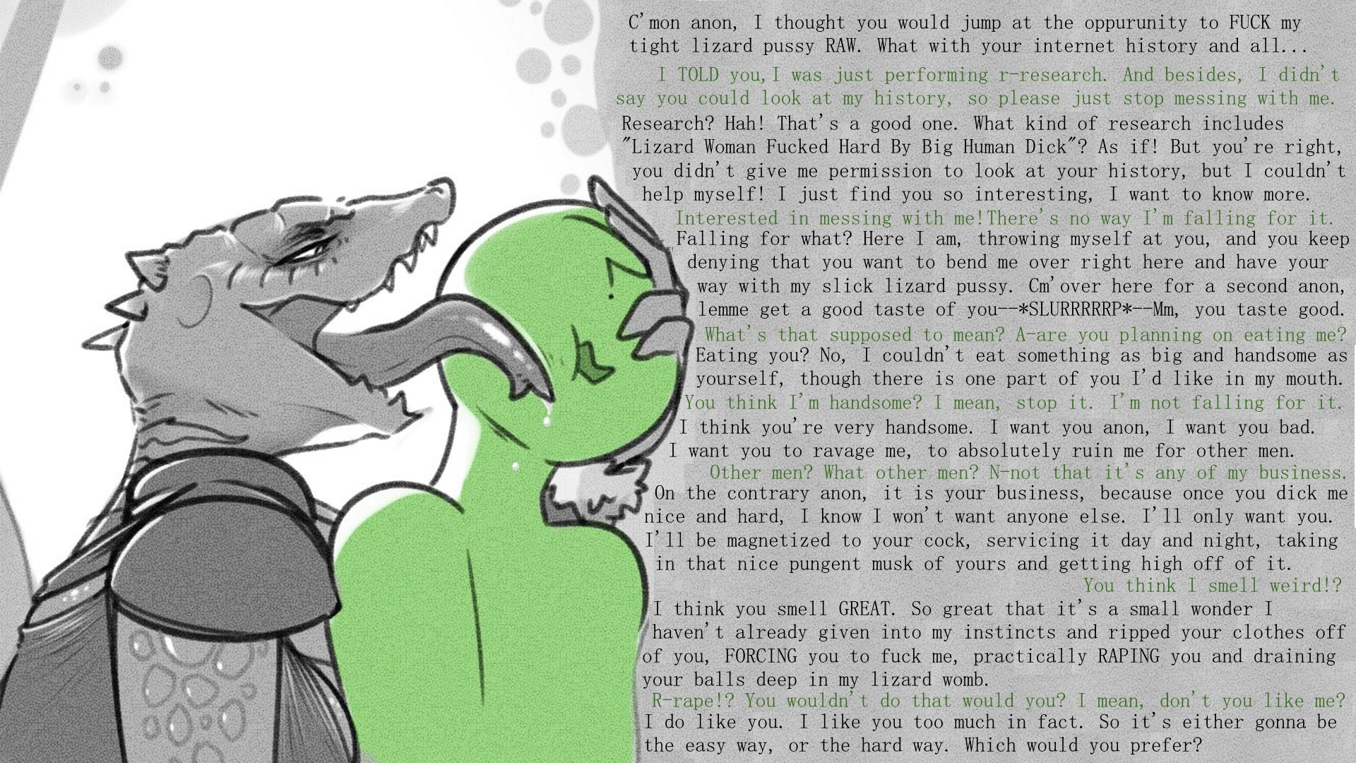 anon, anthro, anthro on human, argonian, bethesda softworks, caption, cokesero, dirty talk, female, horny, horny female, licking, lizard girl, long tongue, scalie, the elder scrolls, video game character, wall of text