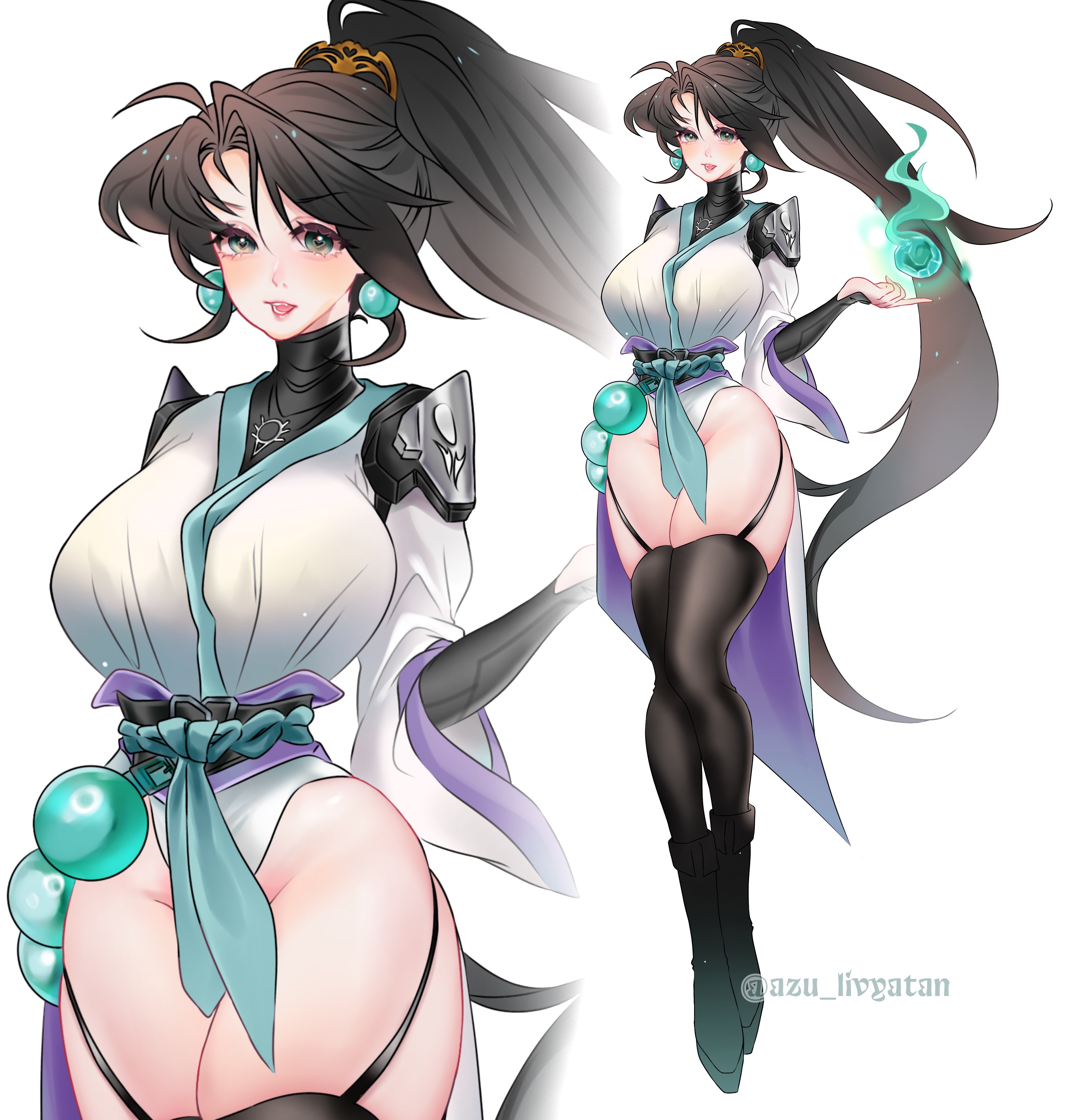 azu livyatan, black hair, breasts, female, garter straps, green eyes, large breasts, long hair, sage (valorant), thick thighs, thighhighs, valorant, white background