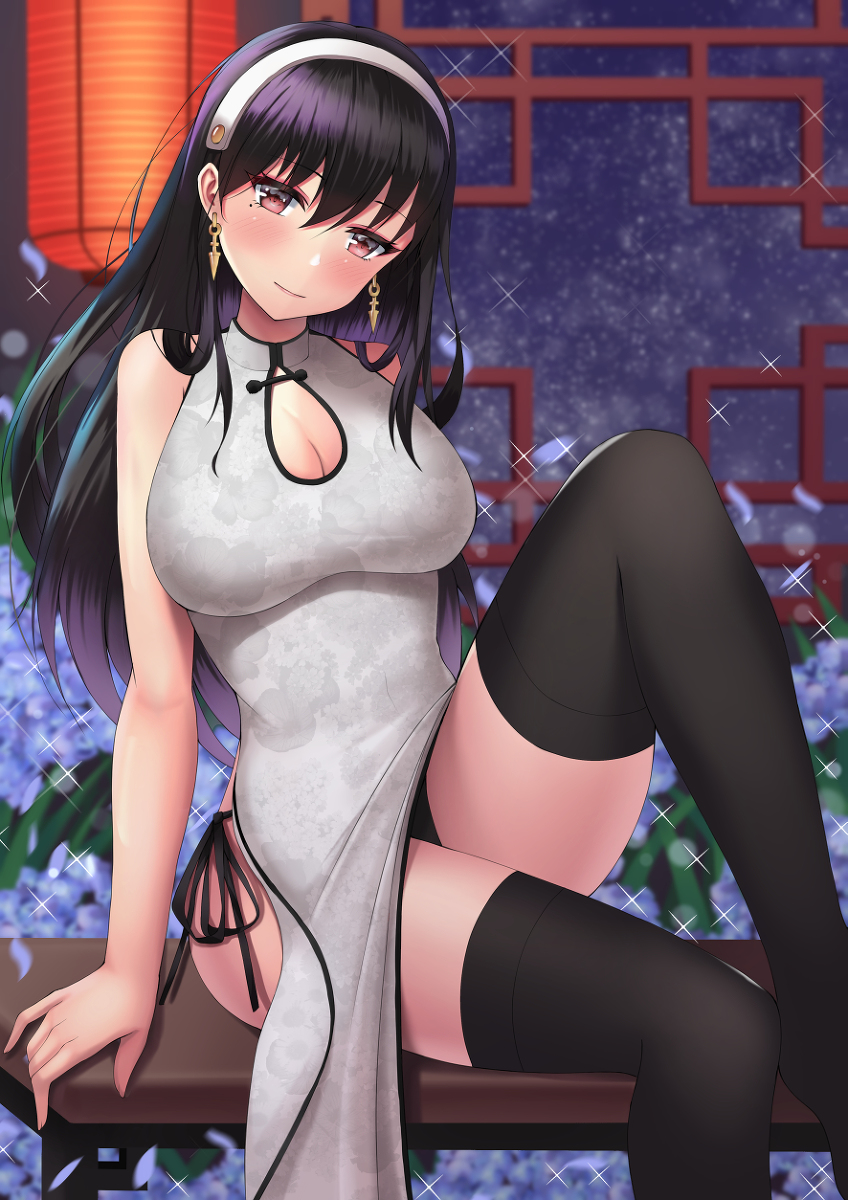 big_breasts black_hair china_dress chinadress chinese_clothes chinese_lantern clothing female kneesocks looking_at_viewer panty shiny_skin solo solo_female spy_x_family thighhighs thighs thorn_princess yor_briar yor_forger