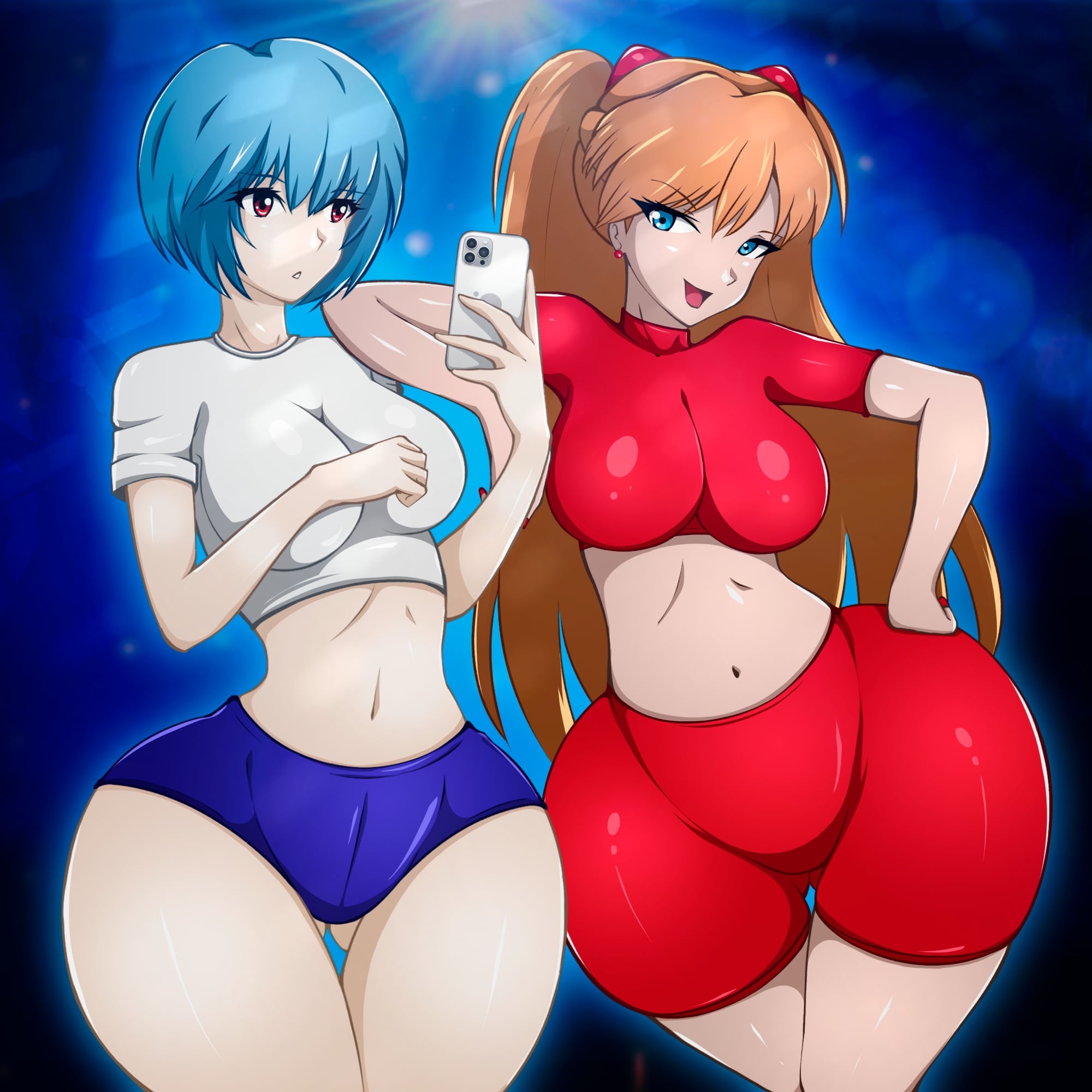 2girls, ass, ass cheeks, asuka langley sohryu, belly button, big ass, big breasts, big butt, big hips, blue eyes, blue hair, bottom heavy, breasts, bubble ass, bubble butt, clothing, club, commission, crop top, earrings, female, female only, gym uniform, hand on hip, hips, huge ass, huge butt, huge hips, illustration, iphone, large breasts, massive ass, mostly clothed, multiple females, multiple girls, neon genesis evangelion, no text, no text version, orange hair, phone, red eyes, rei ayanami, shorts, tagme, textless, thick thighs, thigh gap, thighs, thin waist, tight clothing, wide hips, zonen404