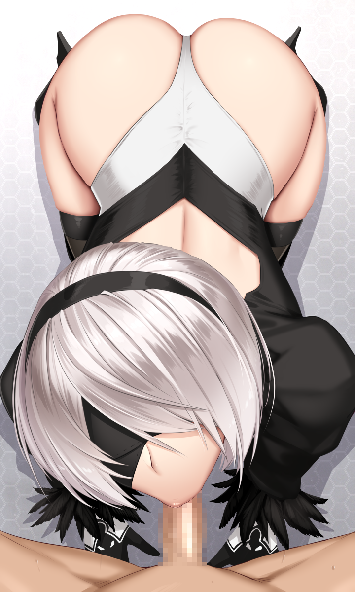 1boy 1girls 2022 akitsuki_karasu all_fours android android_girl ass blindfold blowjob blue_eyes censored censored_penis clothed_sex fellatio female hairband highleg_leotard huge_ass kneeling leotard light-skinned_female light_skin male_pov nier:_automata nier_(series) oral oral_sex penis pov sex short_hair slim_waist thigh_boots thighhighs wedgie white_hair wide_hips yorha_2b