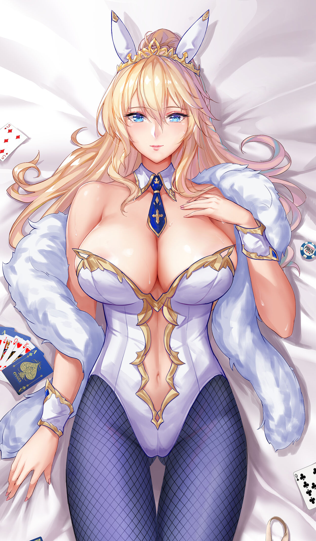 1girls, artoria pendragon, artoria pendragon (lancer), big breasts, breasts, bunny ears, bunnysuit, fate (series), fate/grand order, female, nipples, open shirt, solo, thigh gap, tsuki no i-min