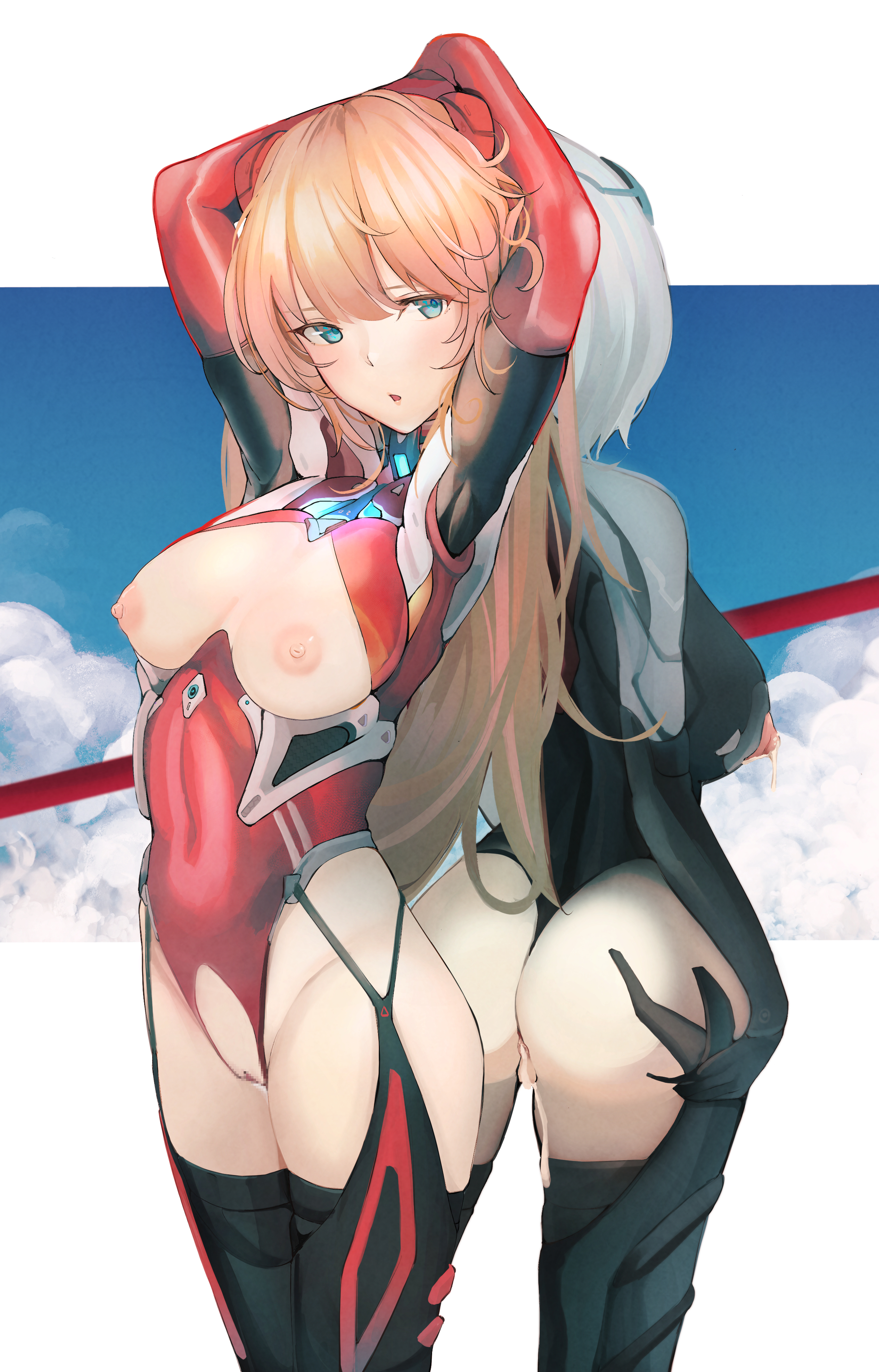 2girls, after sex, ass, asuka langley sohryu, blue hair, bodysuit, breasts, censored, clothing, cum, cum in ass, female, lactation, mosaic censoring, neon genesis evangelion, nipples, open clothes, orange hair, plugsuit, pussy, pussy juice, rei ayanami, standing, stockings, yusha (m-gata)