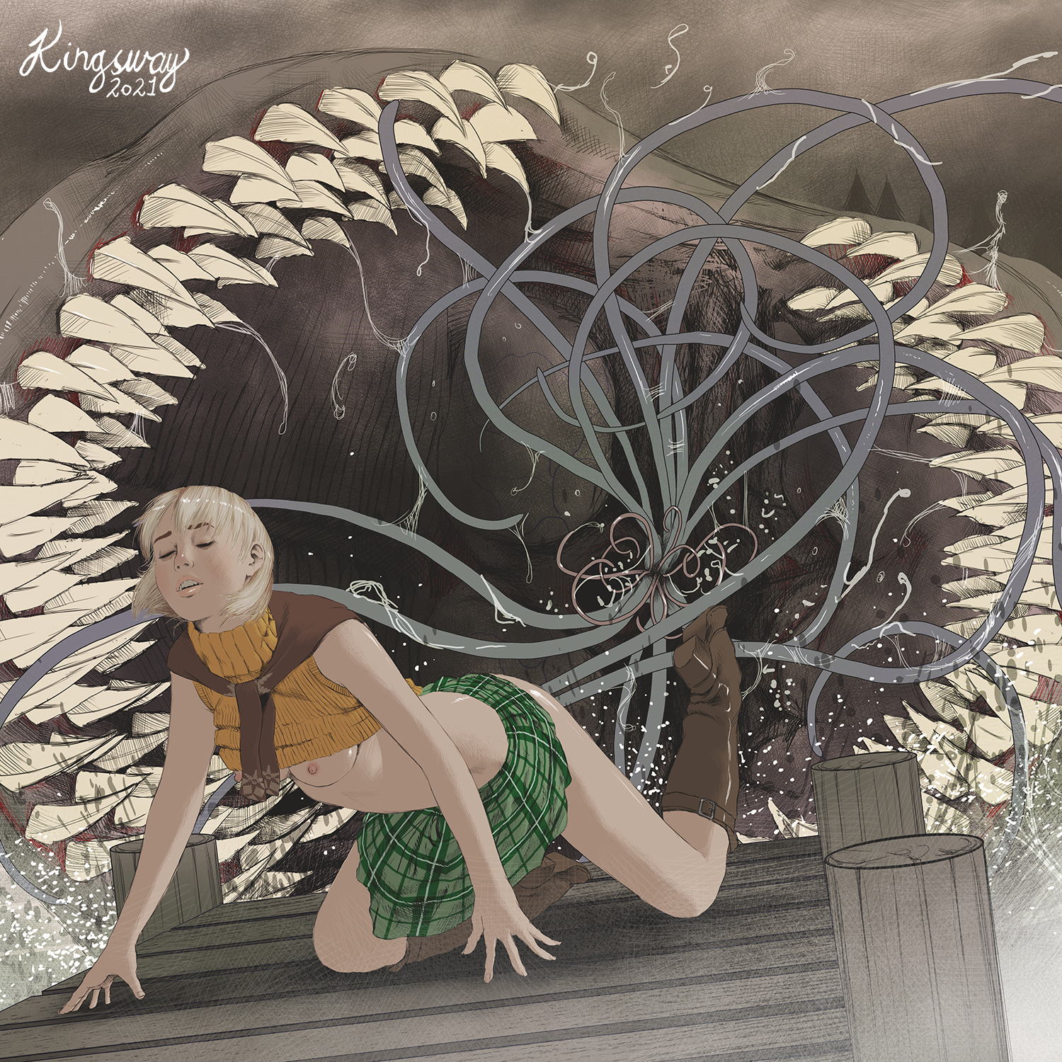 1boy, 1girls, 1monster, 2021, all fours, ambiguous penetration, amphibian, areolae, artist name, artist signature, ashley graham, ashley graham (brooke elizabeth mathieson), biohazard, blonde hair, boots, breasts, breasts out, capcom, closed eyes, clothed, clothed sex, clothing, consensual tentacles, covered penetration, dated, del lago, dock, double penetration, female, fucked then eaten, human, imminent vore, implied penetration, implied sex, interspecies, kingsway, looking pleasured, male, male/female, mawshot, medium breasts, monster, monster on female, neckwear, nipples, no bra, on all fours, open mouth, parasite, pink lips, plaid skirt, pleasure face, resident evil, resident evil 4, salamander (amphibian), saliva, scarf, sex, sex under clothes, sex under skirt, sharp teeth, shirt, shirt lift, shirt up, short hair, simple background, skirt, teeth, tentacle, tentacle under skirt, tentacles under clothes, water