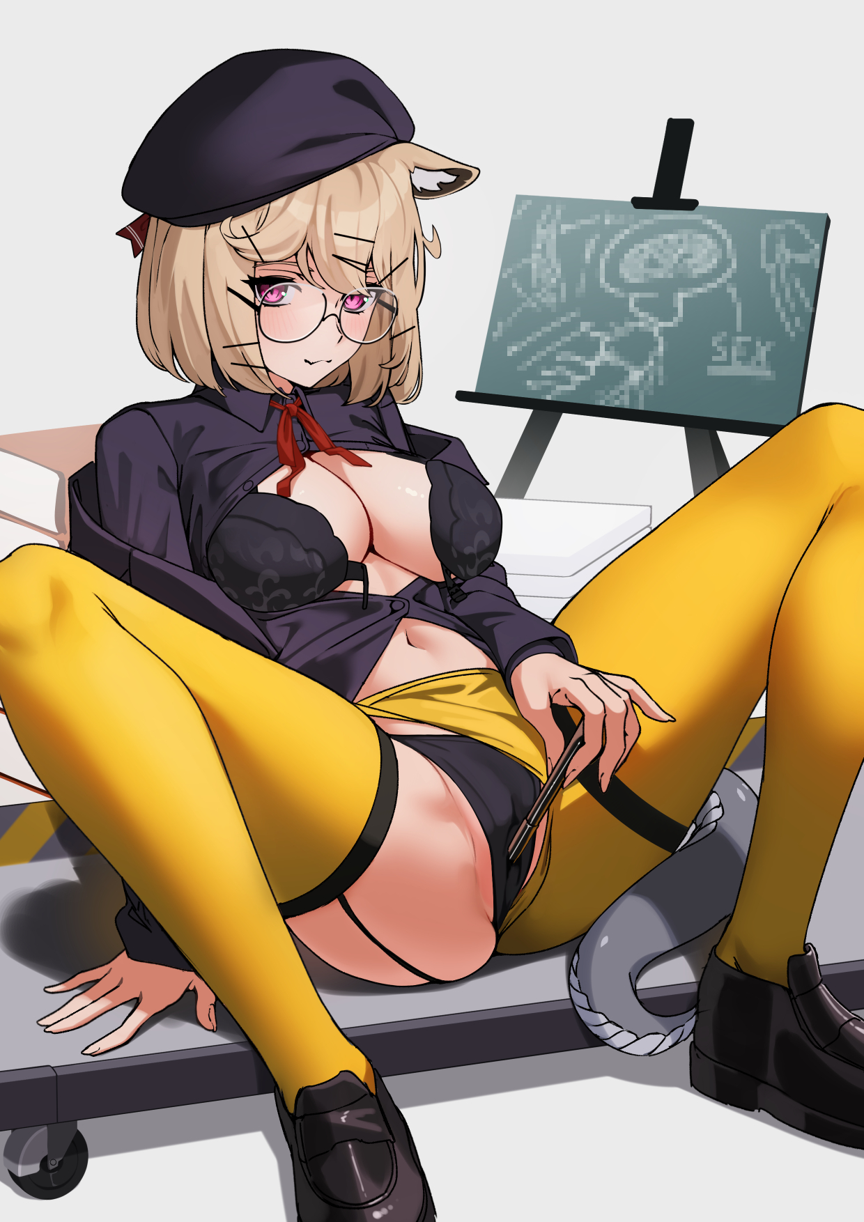 :3, 1girls, animal ears, arknights, belly, black bra, black panties, black underwear, blonde hair, blush, bra, ett, female, female only, fully clothed, garter belt, glasses, hat, holding pen, legs, legwear, light skin, light-skinned female, looking at viewer, magenta eyes, megane, navel, panties, partially clothed, pen, pink eyes, seductive, sex education, shoes, short hair, sitting, solo, spread legs, stockings, tagme, tail, thighs, underwear, uniform, utage (arknights), utage (disguise) (arknights), wavy mouth, white background, yellow legwear, yellow stockings