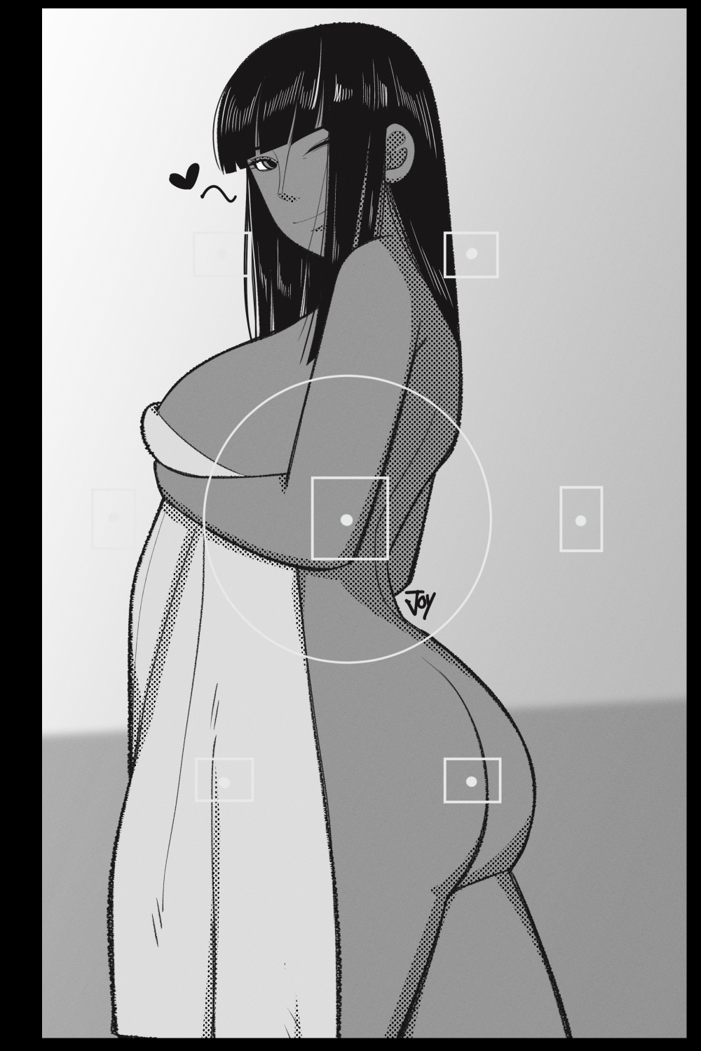 ass, bangs, big ass, big breasts, black hair, breasts, camera view, female, female only, greyscale, joylewds, looking at viewer, nico robin, nude, nude female, one piece, phone screen, pre-timeskip, shounen jump, solo, thick thighs, towel, wide hips, wink, winking at viewer