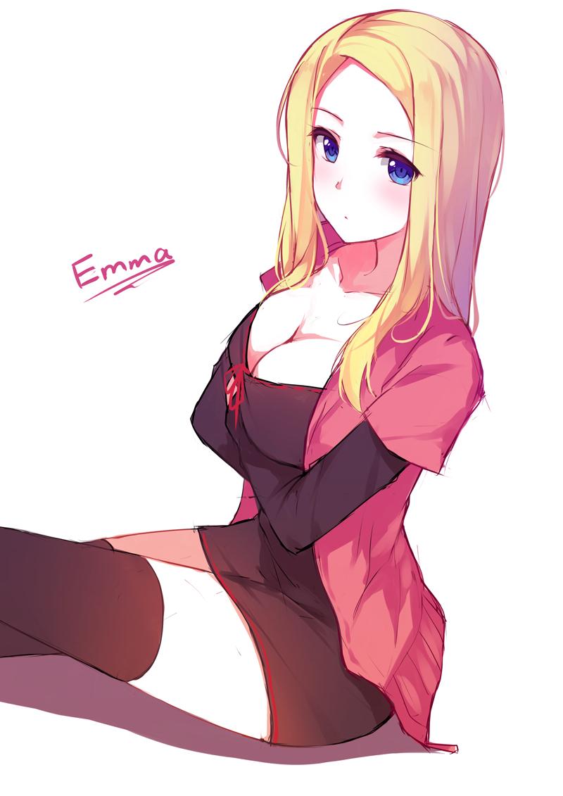 arms_crossed arms_crossed_under_breasts black_dress black_legwear blonde_female blonde_hair blue_eyes blush caidychen cleavage eyebrows_visible_through_hair large_breasts name_in_background original pale-skinned_female pale_skin pink_jacket shoulder_length_hair strawberry_blonde_hair thigh_highs thighhighs