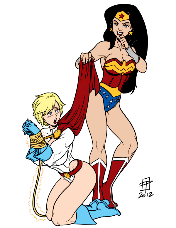 2012 2girls amazon big_breasts blonde_hair blue_eyes bondage breasts callmepo cleavage cleavage_cutout dc dc_comics diana_prince female female_only karen_starr kenkira kryptonian lasso_of_truth light-skinned_female power_girl star_earrings superman_(series) thick_thighs wide_hips wonder_woman wonder_woman_(series)