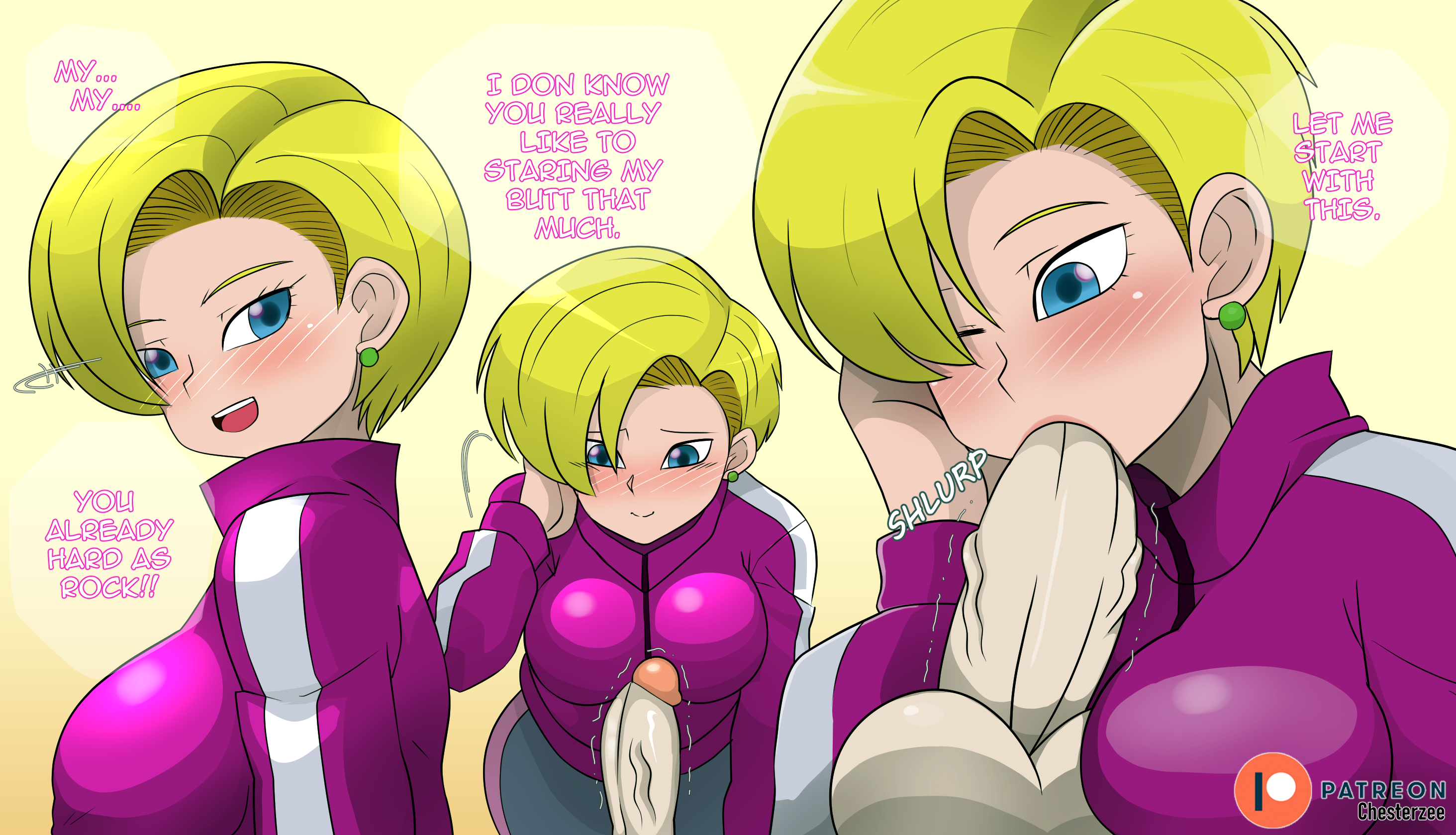 android 18, ass, athletic, athletic female, blonde hair, blowjob, blue eyes, blush, breasts, chesterzee, cleavage, dragon ball, earrings, fellatio, female, gokubuttonzee, large ass, large breasts, male, milf, one eye closed, open mouth, partial male, uncensored