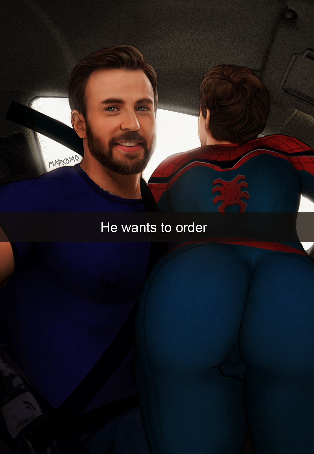 2boys, actor, ass, ass focus, avengers, big ass, captain america, captain america (series), celebrity, chris evans, clothed, english text, gay, he wants to order, human, human only, in car, in character, light skin, light-skinned male, looking at viewer, male, male only, marcomo, marvel, marvel cinematic universe, marvel comics, meme, peter parker, selfie, snapchat, spider-man, spider-man (series), spider-man (tom holland), steve rogers, tom holland, yaoi