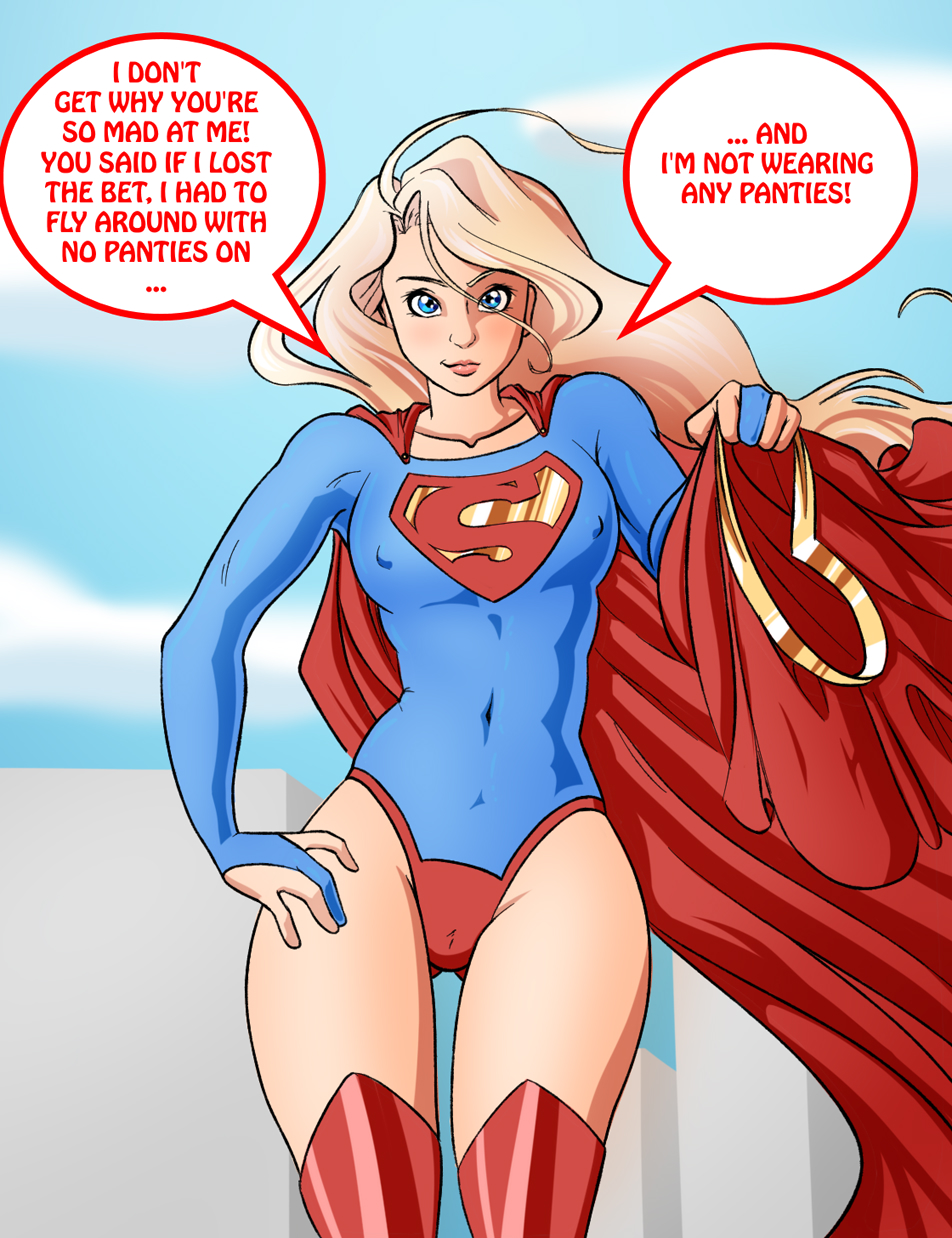 1girls 2022 artist_request ass_visible_through_thighs blonde_hair blue_eyes dc dc_comics dialogue erect_nipples female female_only kara_danvers kara_zor-el kryptonian leotard light-skinned_female looking_at_viewer no_panties pokies short_hair speech_bubble supergirl superman_(series) thick_thighs trick wide_hips