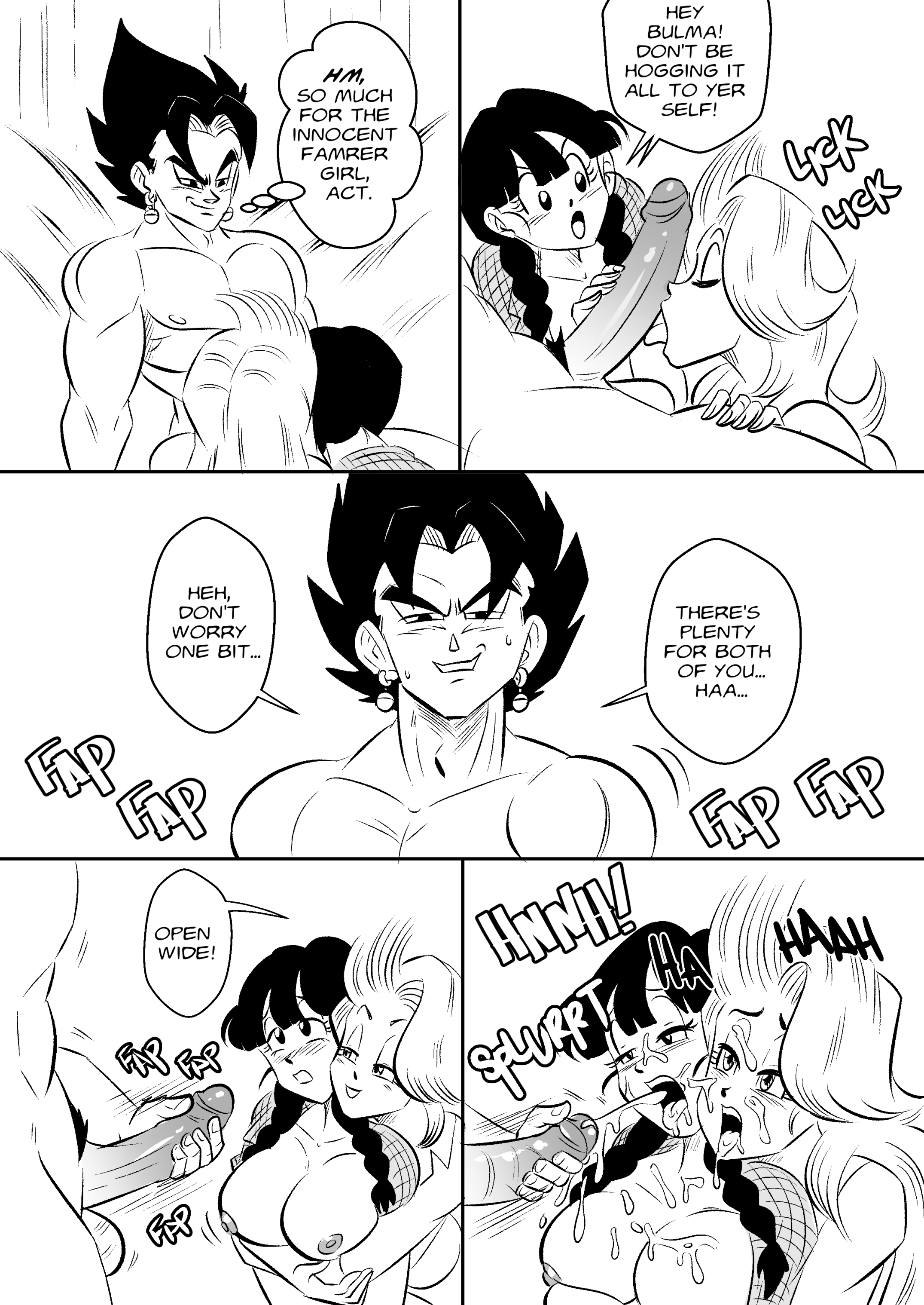 1boy, 2girls, big breasts, breasts, bulma briefs, bulma briefs (post saiyan saga), chichi, cock hungry, cum, cum in mouth, dragon ball, dragon ball super, dragon ball z, facial, fellatio, female, funsexydragonball, licking penis, male, nude, penis, vegito