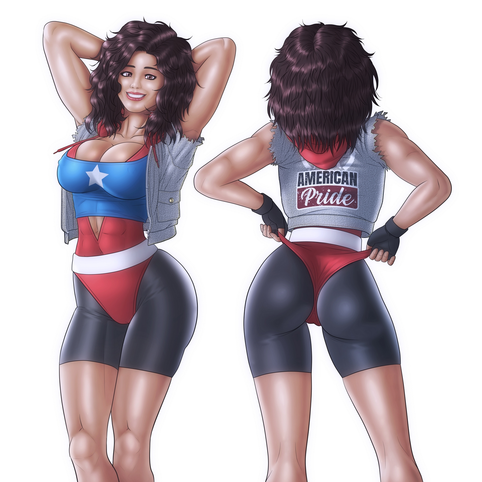 1girls, america chavez, ass, big ass, big breasts, bike shorts, breasts, dark skin, dark-skinned female, female, female only, latina, marvel, marvel comics, midriff, navel, reptileye, thick thighs, wide hips