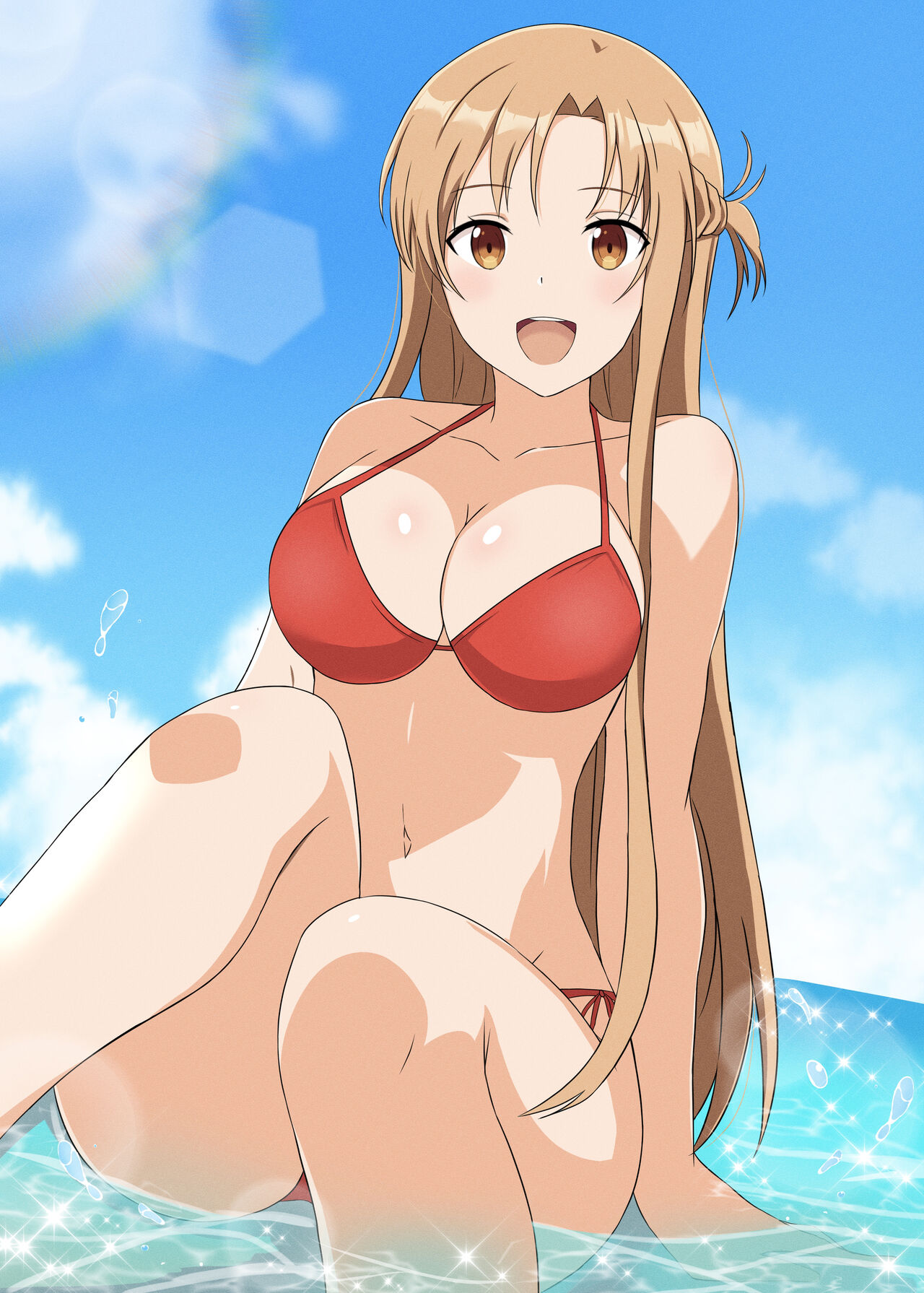 1girls, auburn hair, big breasts, bra, breasts, brown eyes, eye mask, female, lingerie, panties, solo, sword art online, underwear, yuuki asuna