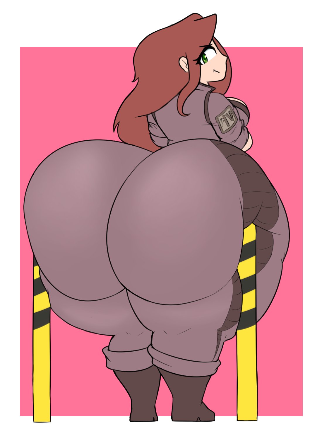 1girls, 2019, annoyed, ass, ass body, bottom heavy, brown hair, female, female focus, gigantic ass, gigantic thighs, green eyes, hi res, high resolution, highres, hips, huge ass, huge thighs, hyper, hyper ass, hyper hips, jumpsuit, karamina (demonwolf202), looking back, mysterydad, pout, solo, solo female, solo focus, stuck, thick thighs, thighs, wide hips