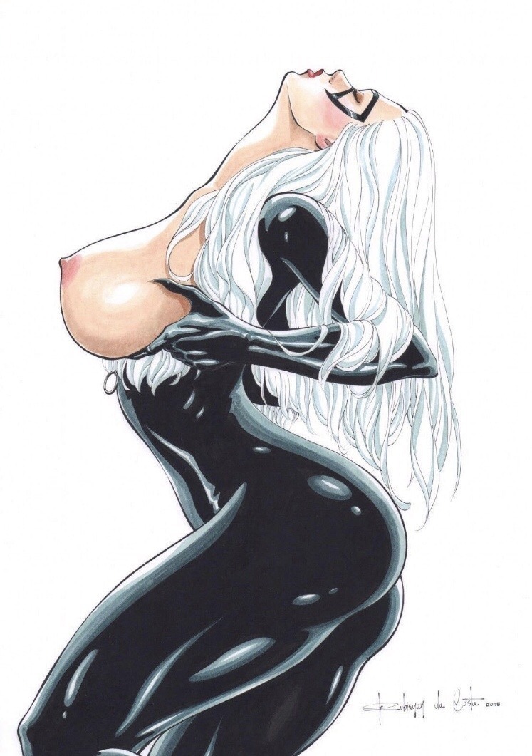 1girls, big breasts, black cat (marvel), breasts, curvy female, curvy figure, ed benes studio, erect nipples, felicia hardy, female, latex sui, latex suit, long hair, looking up, marvel, marvel comics, nipples, rubismar da costa, skin tight, solo female, tagme, voluptuous female, white hair