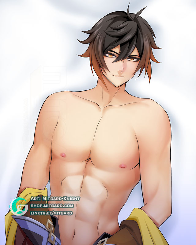 1boy dakimakura fanart genshin_impact looking_at_viewer male male_only mitgard-knight nipples solo two_tone_hair video_games zhongli_(genshin_impact)