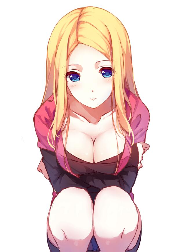 arms_crossed arms_crossed_under_breasts black_dress blonde_female blonde_hair blue_eyes blush caidychen cleavage eyebrows_visible_through_hair large_breasts original pale-skinned_female pale_skin panties pink_jacket smile smiling smiling_at_viewer