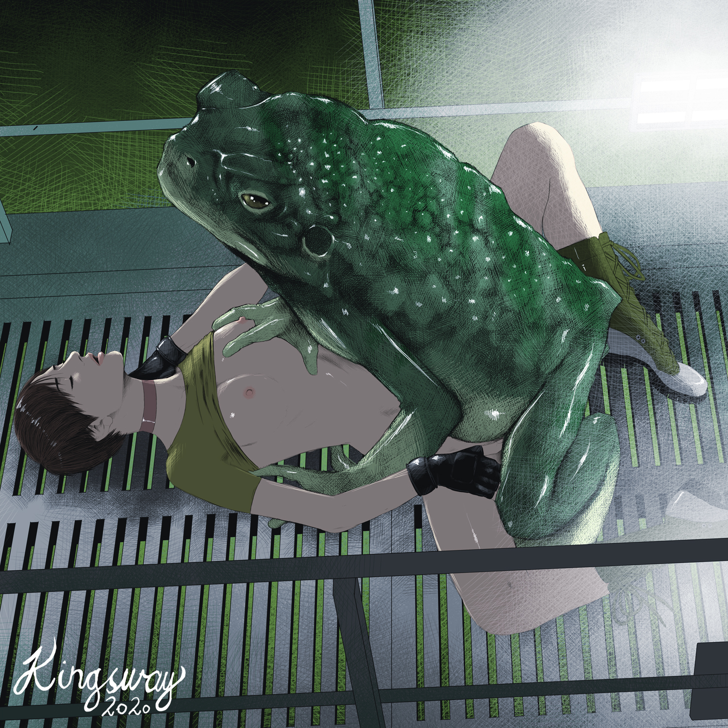 1animal, 1boy, 1girls, 2020, ambiguous penetration, amphibian, artist name, biohazard, boots, boots without bottomwear, bottomless, breast grab, breasts, breasts out, brown hair, choker, closed eyes, female, frog, green skin, hand on neck, hand on thigh, interspecies, kingsway, legs apart, legs spread, light skin, light-skinned female, looking pleasured, lying on back, male, missionary position, monster, monster on female, nipples, no bra, no panties, no pants, open mouth, pale skin, pale-skinned female, pink lips, pink nipples, pleasure face, pussy, railing, realistic animal, rebecca chambers, resident evil, shirt, shirt up, short hair, small breasts, vaginal penetration, vaginal sex, zoophilia