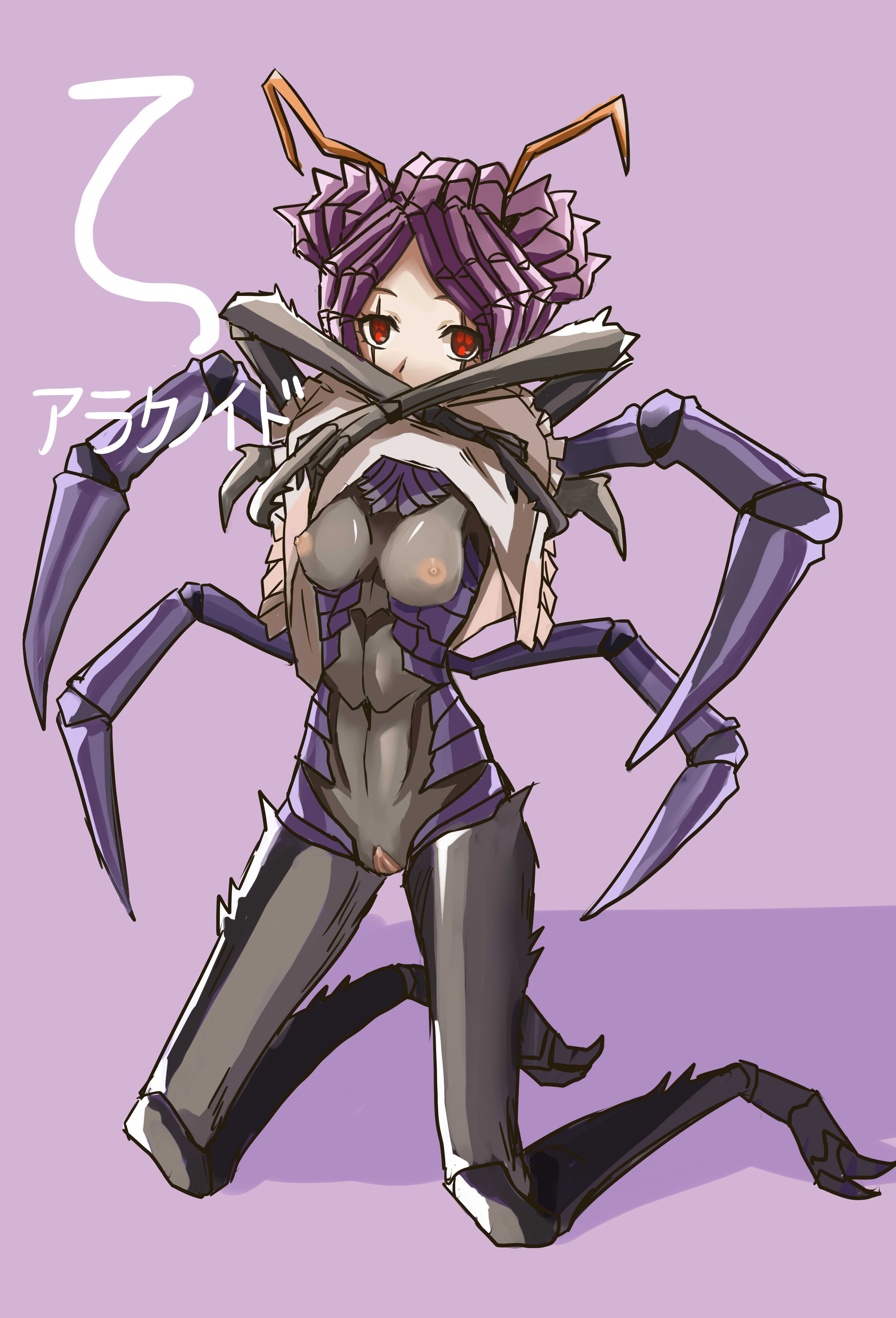 1girls, breasts, entoma vasilissa zeta, female, female focus, female only, japanese text, leo860305, looking at viewer, mask, monster, monster girl, naked, no bra, no panties, overlord (maruyama), purple background, pussy, red eyes, tagme, undressing
