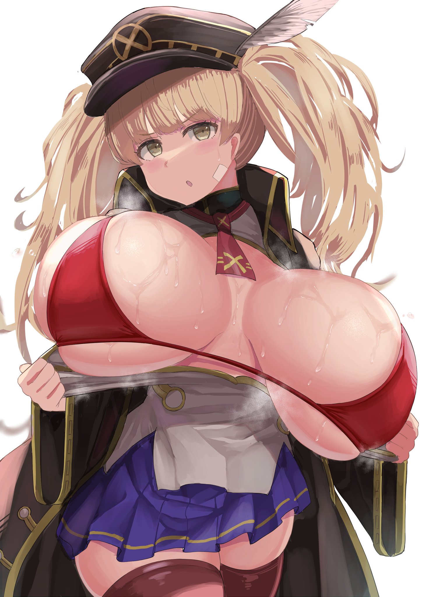 :o, 1girls, big breasts, blonde hair, blush, bra, breasts, facominn, female, female only, gigantic breasts, granblue fantasy, huge breasts, light skin, looking at viewer, monika (granblue fantasy), monika weisswind, open shirt, princess connect!, princess connect! re:dive, red bra, revealing breasts, short, short skirt, shortstack, skirt, solo, steam, steaming body, steamy, sweat, sweatdrop, sweaty, sweaty body, sweaty breasts, thick thighs, thighhighs, tie, twintails, yellow eyes