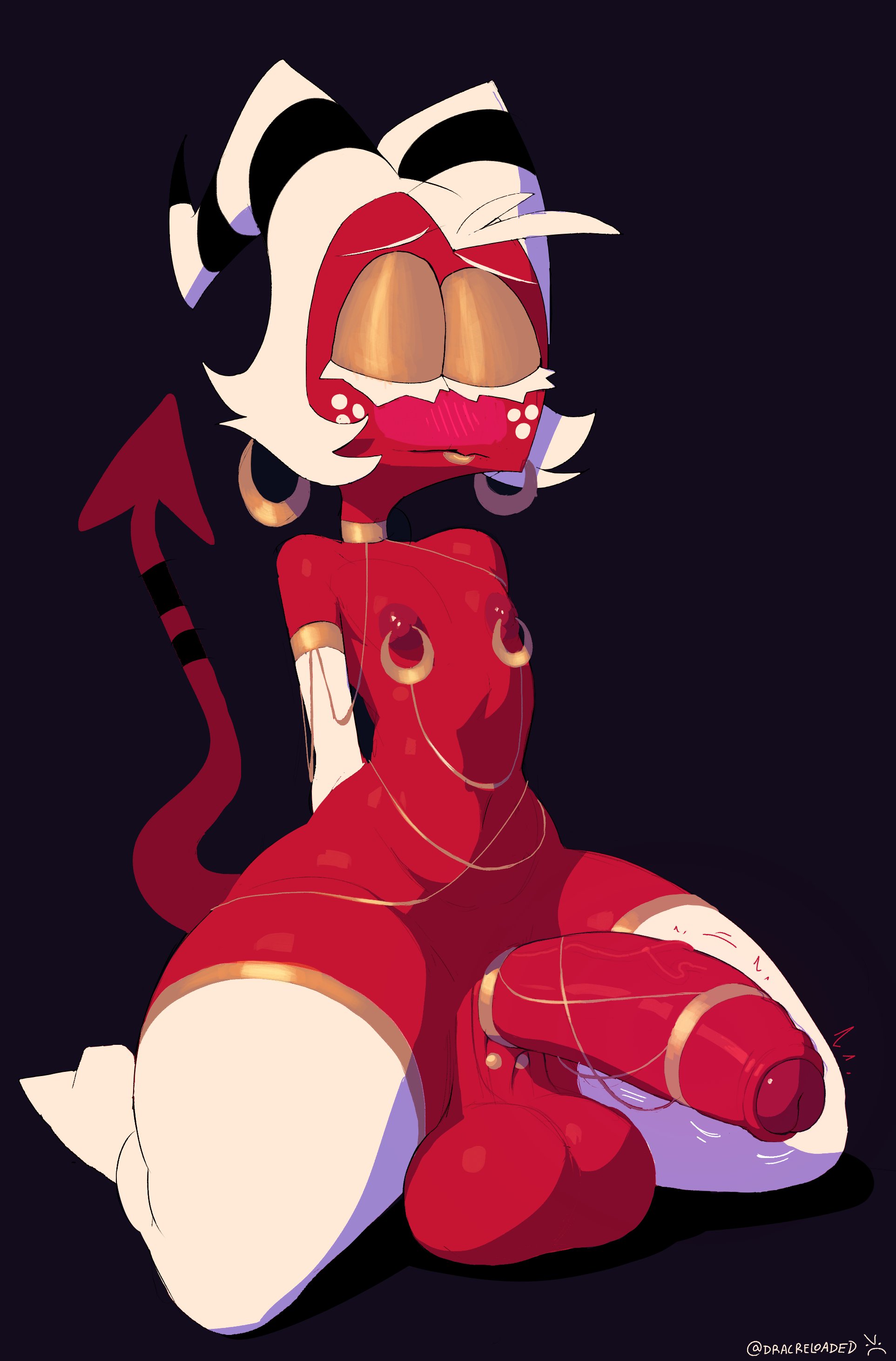 1boy, balls, big balls, big penis, blush, cock ring, demon, dracreloaded, ear piercing, earrings, erection, eyes closed, eyeshadow, femboy, helluva boss, horns, hung trap, imp, kneeling, lipstick, male, male only, moxxie (helluva boss), nipple chain, nipple piercing, nipples, on knees, penis, piercing, red skin, solo, tail, thick thighs, thighhighs, white eyelashes, white hair, wide hips