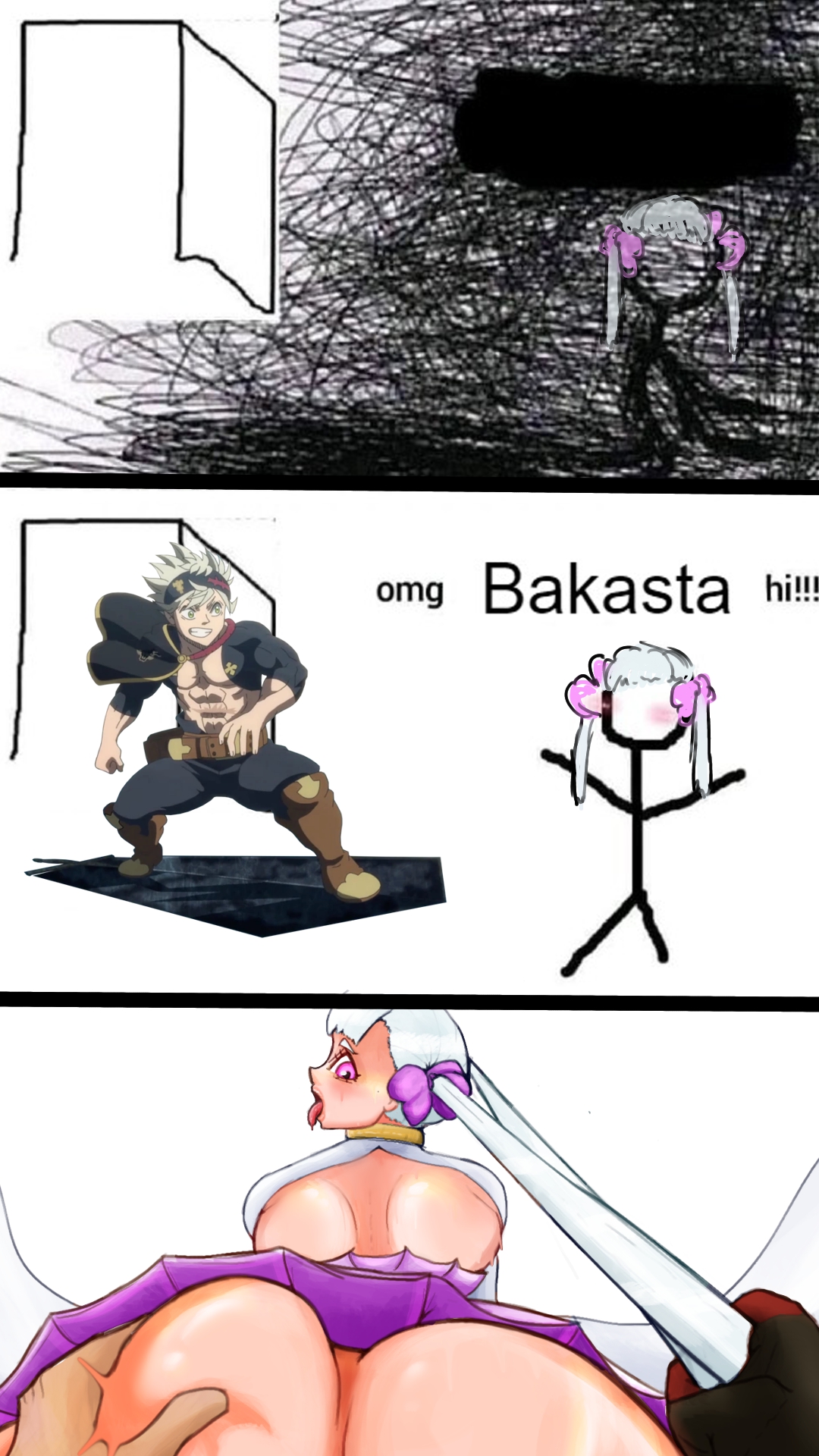 1boy, 1girls, ass, ass grab, asta (black clover), black bulls uniform, black clover, female, male, meme, noelle silva, omg hi!, pulling hair, scarose, text