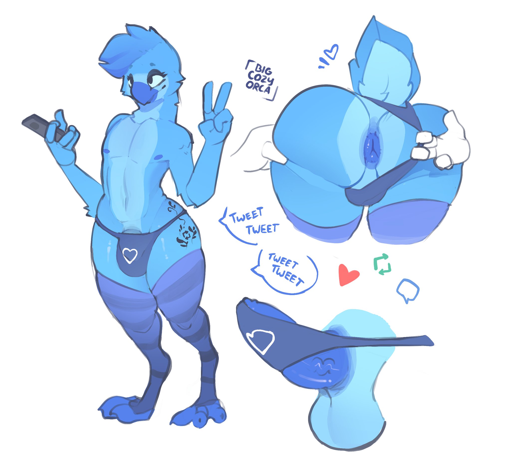 anthro, anthro bird, anthro male, anthropomorphic, anus, ass, avian, beak, big ass, big butt, big penis, bigcozyorca, blue anus, blue body, blue fur, blue nipples, blue penis, boner, boner in underwear, bubble ass, bubble butt, clothing, disembodied hands, femboy, furry, girly, heart, huge ass, huge cock, male, male focus, male only, penis, phone, phone in hand, solo focus, tagme, tattoo, text, thick thighs, thigh highs, thighhighs, thong, thong aside, tweetfur, twitter