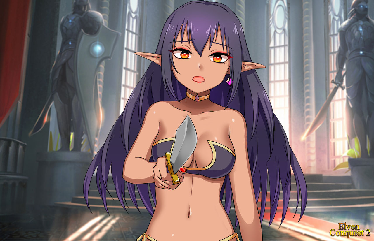 1girls black_bra black_hair black_panties bra breasts choker earrings elf elven_conquest elven_conquest_2 game_cg holding_knife knife large_breasts long_hair looking_at_viewer navel orange_eyes painted_fingernails panties pinktea rhiannon_(elven_conquest_2) royalty side-tie_panties slave throne_room