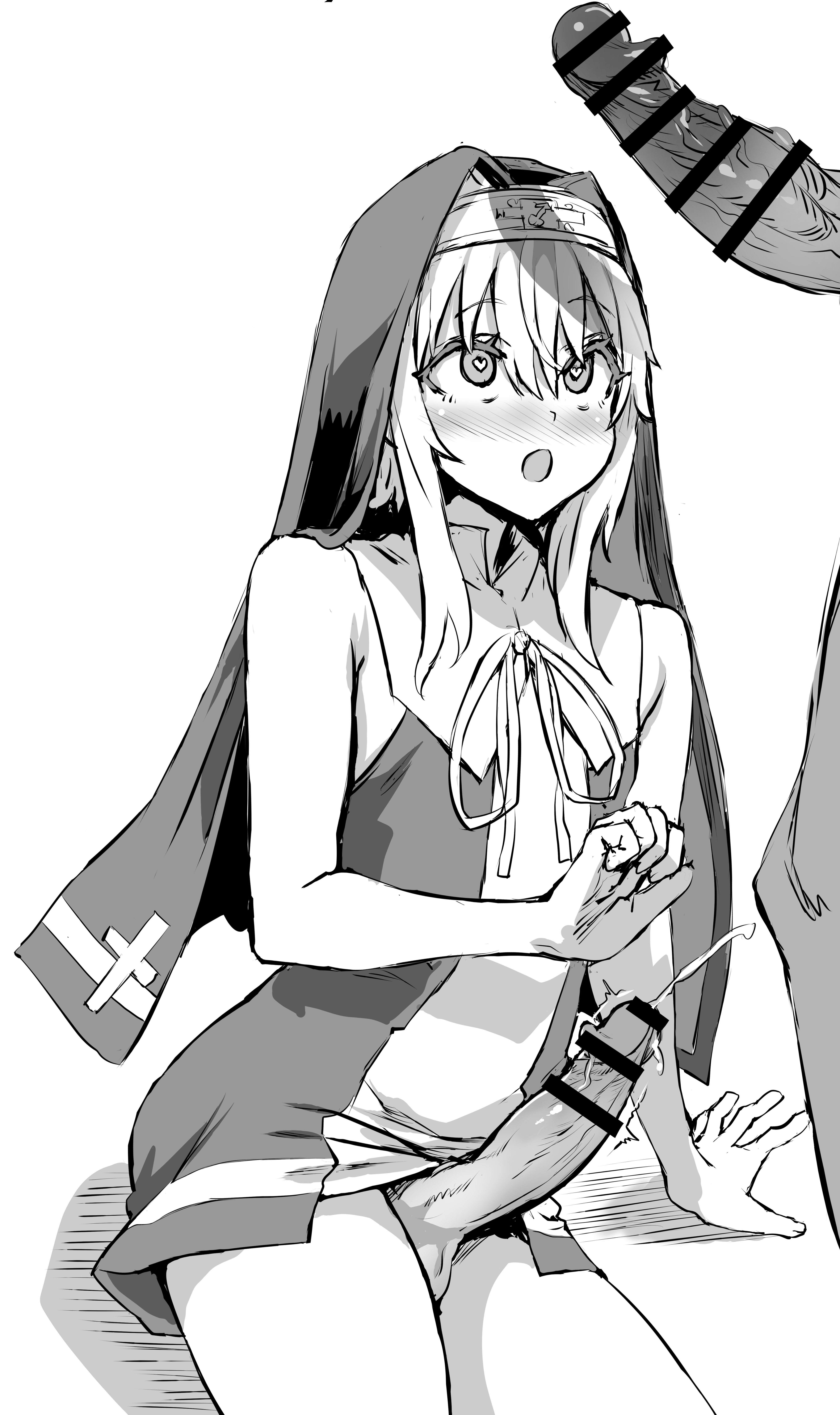 :o, 2boys, androgynous, asanagi, balls, big penis, blush, bridget, censor bar, censored, cock shock, cum, cumming from penis awe, erection, femboy, greyscale, guilty gear, heart-shaped pupils, long hair, male, male nun, male only, monochrome, nun, nun outfit, nun's habit, open mouth, orgasm without stimulation, penis, penis awe, penis size difference, pitiful ejaculation, pre-transition, surprised, symbol-shaped pupils, testicles, throbbing, veiny penis, yaoi