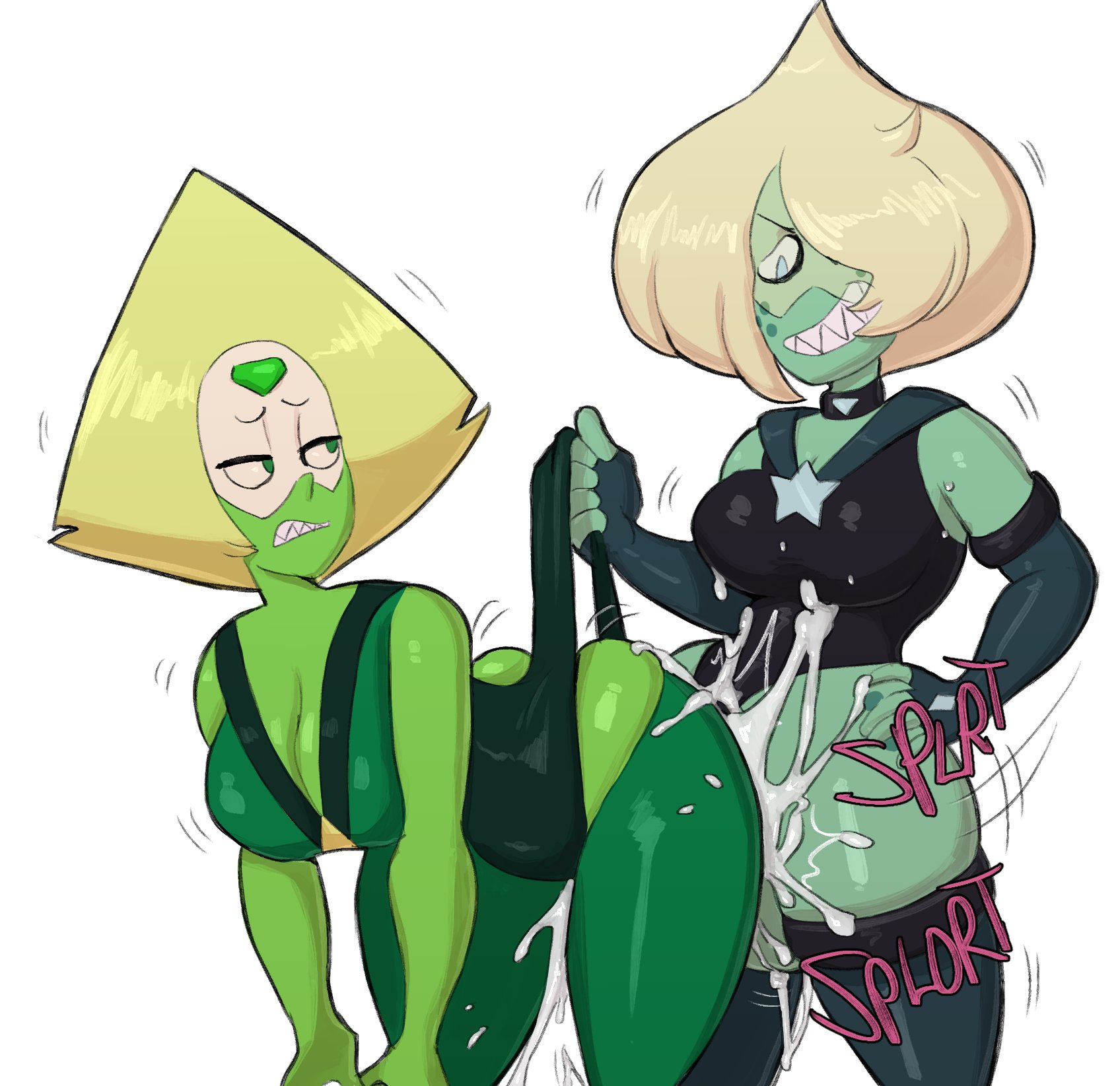 1futa, 1girls, all fours, ass, balls, big balls, big breasts, blonde hair, breasts, cartoon network, clothed, clothing, cum, cum inside, duo, ejaculation, elbow gloves, erection, female, futa on female, futanari, gem (species), gloves, green body, green skin, guillion (toshkarts), humanoid, intersex, looking back, mostly clothed, penetration, peridot (steven universe), sex, skindentation, standing, steven universe, thick thighs, thighhighs, thighs, visor, wedgie, wide hips, yellow hair