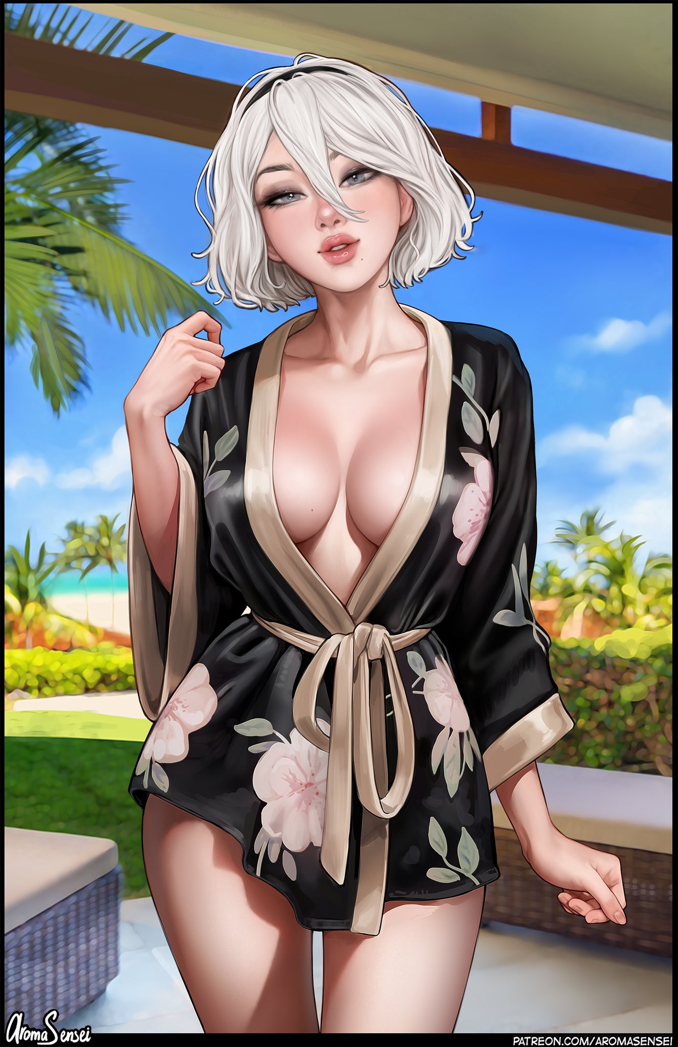 1girls, 2022, alternate version available, android, android girl, aroma sensei, beauty mark, blue eyes, breasts, female, hair over one eye, hips, huge breasts, light skin, light-skinned female, mole under mouth, nier, nier: automata, no text version, outdoors, pale skin, pale-skinned female, short hair, slim waist, solo, solo female, thick lips, thick thighs, thighs, wide hips, yorha 2b