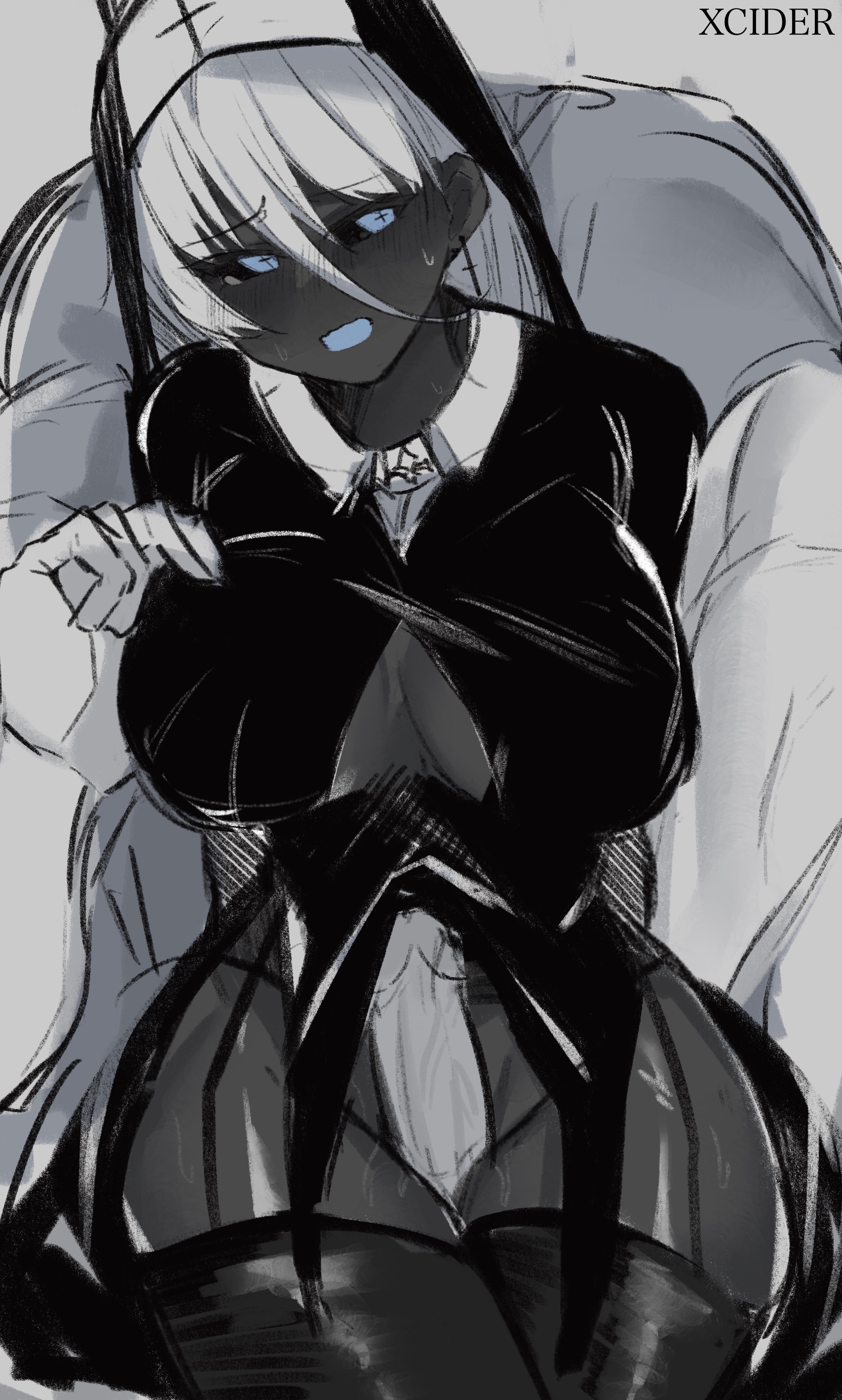 1boy, 1girls, artist name, balls, blush, breasts, clothing, dark skin, dark-skinned female, deepwoken, female, ganymede (deepwoken), male, nabibutter, nun, nun outfit, penis, penis between thighs, roblox, roblox game, robloxian, source request, tagme, testicles, thick thighs, thigh sex, thighs, xcider