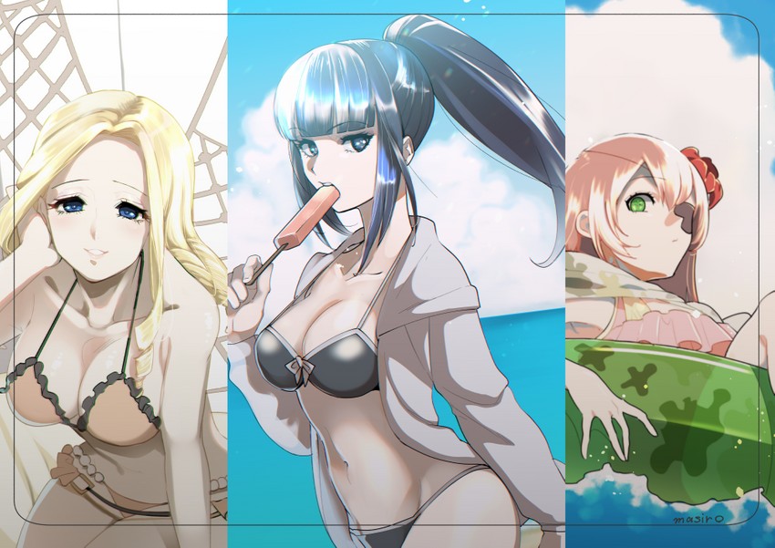 3girls big_breasts bikini black_hair blonde_hair blue_eyes breasts brown_hair clear_sky cz2128_delta eye_patch female female_focus female_only food green_eyes hood hooded_jacket looking_at_viewer narberal_gamma orange_hair overlord_(maruyama) sky smile smiling smiling_at_viewer solution_epsilon split_screen swimsuit underwear yellow_hair