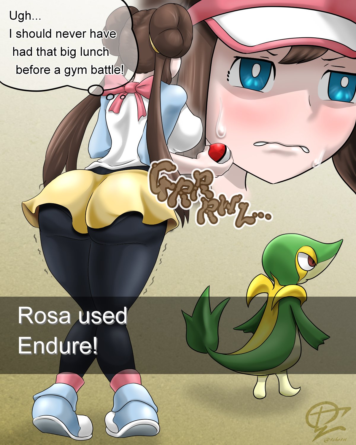 1cho1ri bathroom_control blue_eyes blush bow brown_hair desperation hair_bun hat leggings pokemon pokemon_(species) rear_view rosa_(pokemon) scat_desperation skirt snivy stomach_gurgle stomach_noises sweat sweatdrop text text_bubble trembling