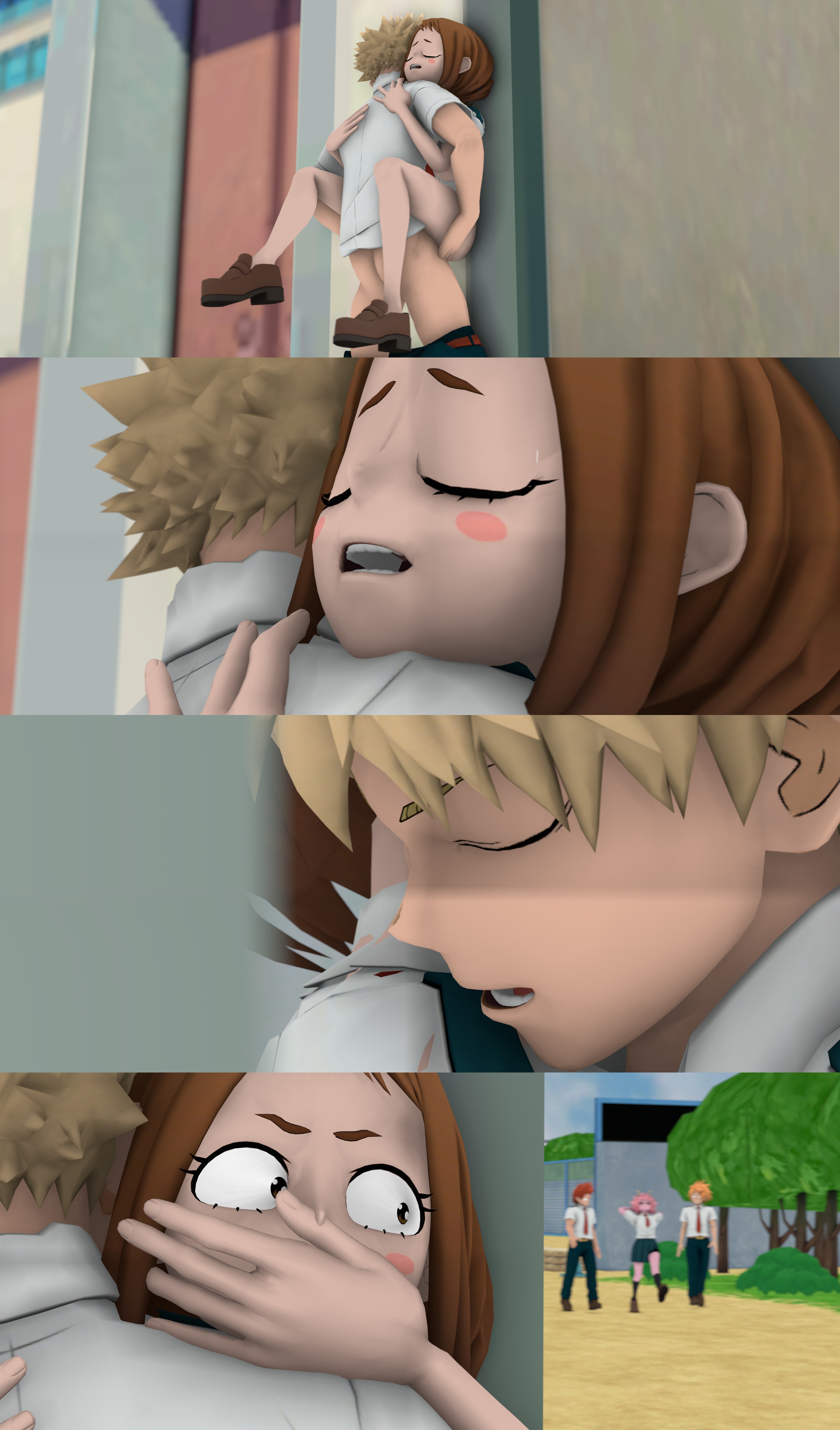 1boy, 1girls, 3d, against wall, almost caught, black socks, blonde hair, blonde-haired male, bottomless, brown hair, brown loafers, brown-haired female, denki kaminari, eijirou kirishima, embrace, female, female penetrated, hand over mouth, hand over own mouth, hiding, hugging, katsuki bakugou, knee socks, kneehighs, kneesocks, loafers, male, male penetrating, mina ashido, my hero academia, ochako uraraka, outdoor sex, outdoors, outside, pants down, pervert, public indecency, school, school uniform, sex, sneaky sex, socks, spiky hair, stand and carry position, standing sex, stealth sex, straight, tarrotherambler, teenage female, u.a. school uniform, wide eyed