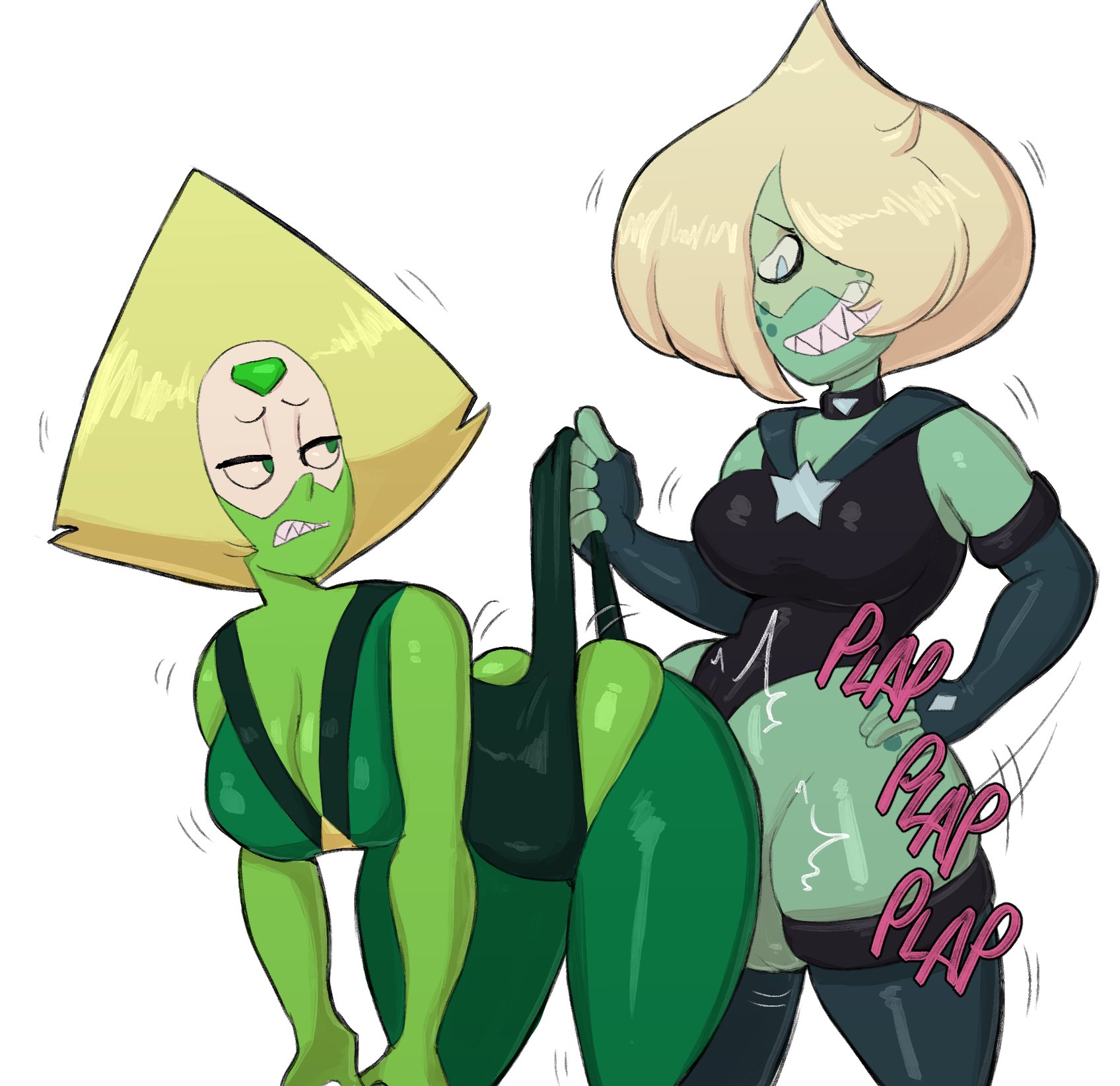 1futa, 1girls, all fours, ass, balls, big balls, big breasts, blonde hair, breasts, cartoon network, clothed, clothing, duo, elbow gloves, erection, female, futa on female, futanari, gem (species), gloves, green body, green skin, guillion (toshkarts), humanoid, intersex, looking back, mostly clothed, penetration, peridot (steven universe), sex, skindentation, standing, steven universe, thick thighs, thighhighs, thighs, visor, wedgie, wide hips, yellow hair