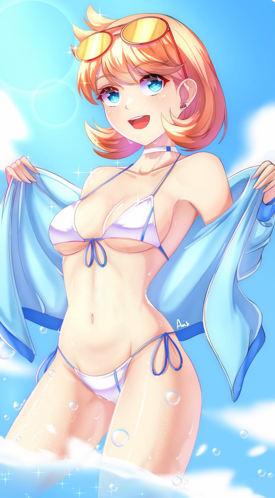 anisdrawn, bangs, bikini, blue eyes, breasts, creatures (company), eyelashes, female, game freak, gen 2 pokemon, highres, holding, jacket, kasumi (pokemon), nintendo, open clothes, open jacket, open mouth, pokemon, pokemon (game), pokemon gsc, pokemon hgss, shiny, shiny hair, short hair, smile, solo, swimsuit, wet, wet body