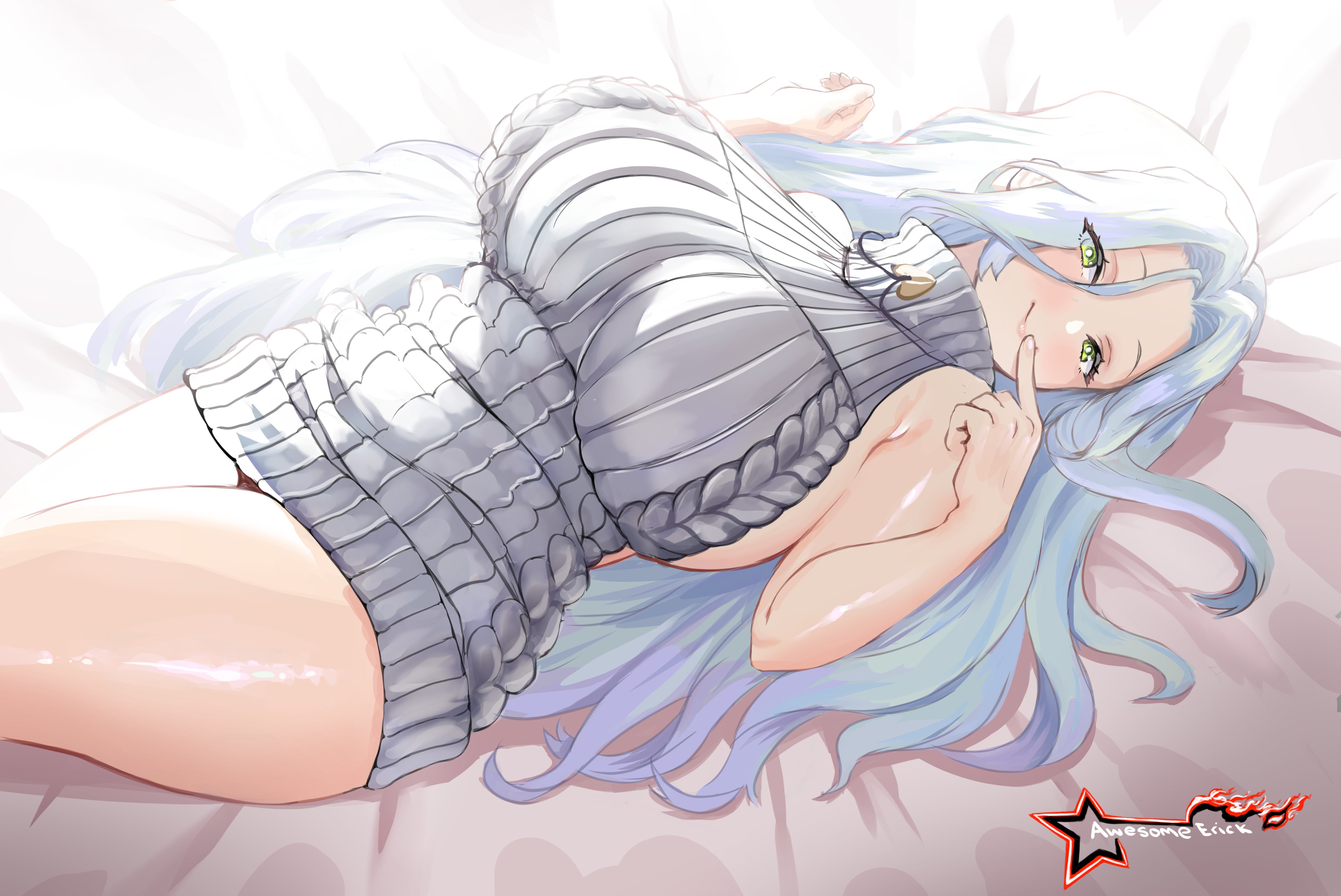1girls, 2022, artist signature, awesomeerix, bare legs, breasts, character request, commission, copyright request, female, female only, green eyes, hi res, hips, huge breasts, light skin, light-skinned female, long hair, looking at viewer, lying on back, naughty face, sleeveless, smile, sweater, thick thighs, thighs, virgin killer sweater, white hair, wide hips
