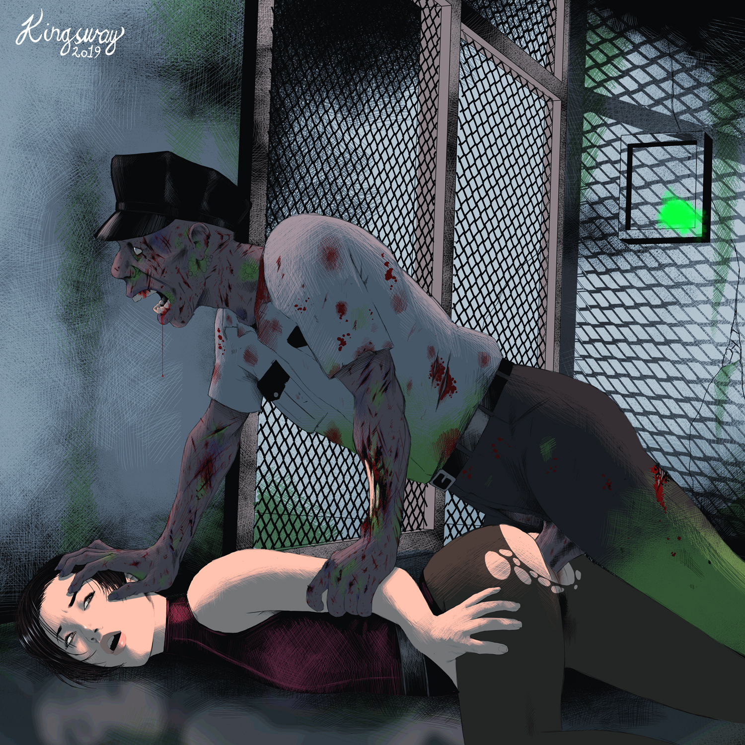 1boy, 1girls, 1monster, 2019, ada wong, ada wong (caroline ribeiro), artist name, asian, asian female, belt, biohazard, black hair, blood, brown eyes, capcom, clothed, clothed male, empty eyes, female, hand on arm, hand on head, held down, human, indoors, interspecies, kingsway, light skin, light-skinned female, lying on stomach, male, male/female, monster, monster on female, no panties, on the floor, open mouth, pantyhose, pussy, red topwear, resident evil, resident evil 2, restrained, ripped clothing, ripped pants, short hair, undead, vaginal penetration, vaginal sex, zombie