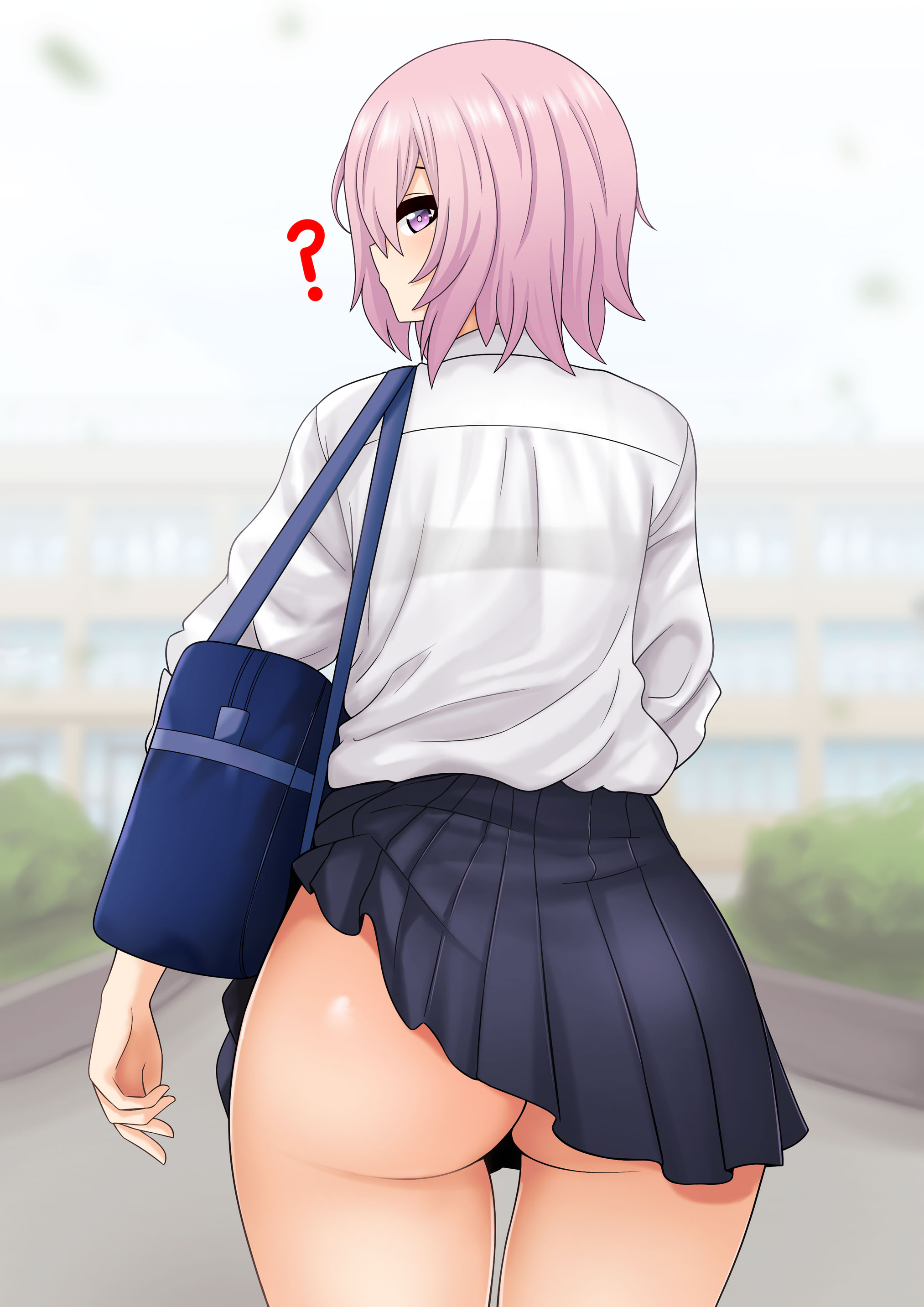 ?, absurdres, ass, bag, big ass, blurry, blurry background, bra visible through clothes, building, bush, clothes lift, dress shirt, fate (series), fate/grand order, female, from behind, highres, looking at viewer, looking back, mash kyrielight, miniskirt, no panties, outdoors, pleated skirt, profile, purple eyes, school bag, see-through, shiny, shiny hair, shirt, shirt tucked in, short hair, skirt, skirt caught on object, skirt lift, solo, the only shoe, thighs, white shirt