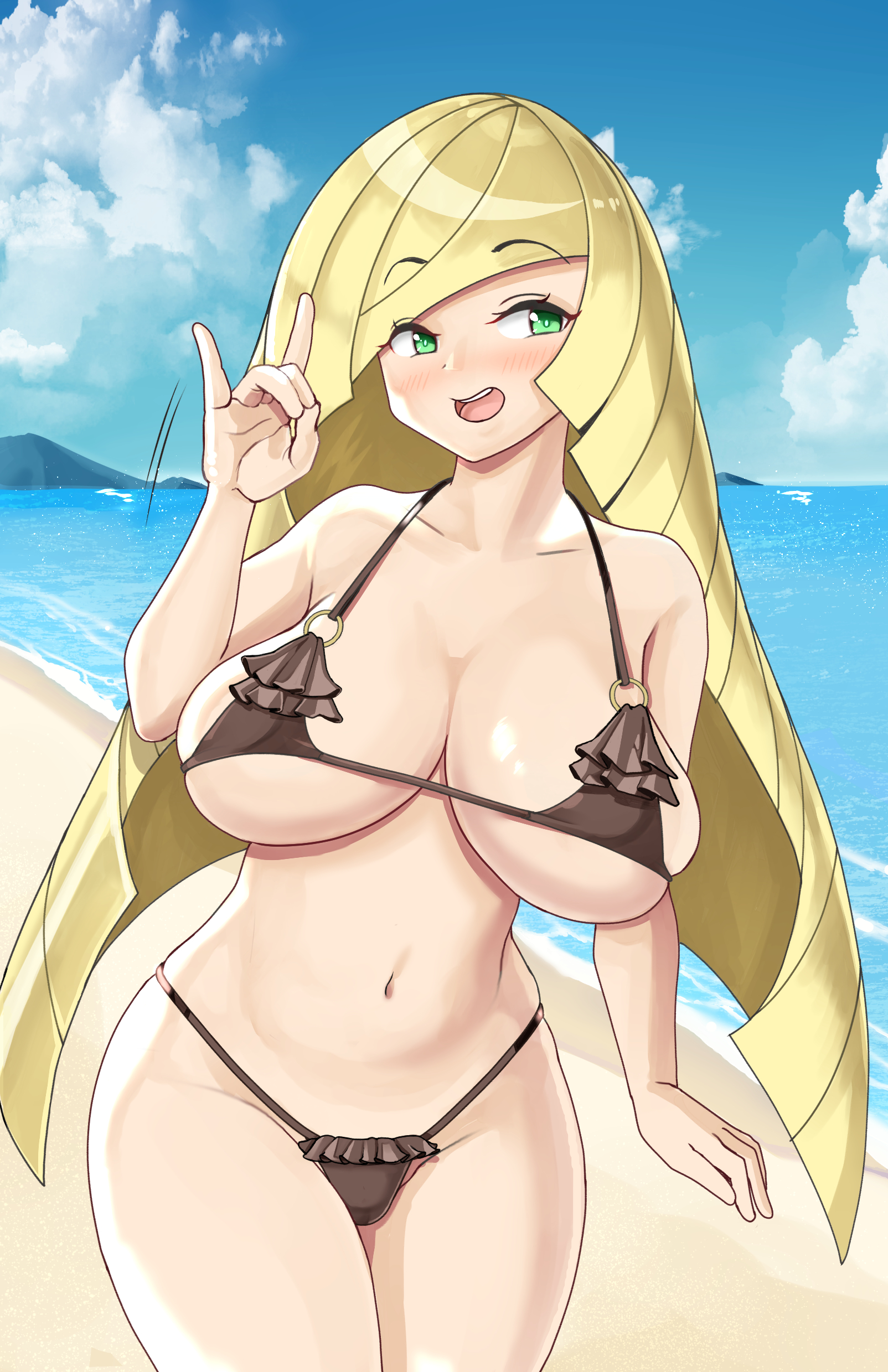 1girls, beach, big breasts, bikini, bikini bottom, bikini top, black bikini, blonde hair, blush, breasts, female, female only, game freak, green eyes, hair, hips, huge breasts, large breasts, long hair, lusamine (pokemon), mature, mature female, milf, mother, open mouth, ovino, pokemon, pokemon sm, solo, solo female, swimsuit, swimwear, thick thighs, thighs